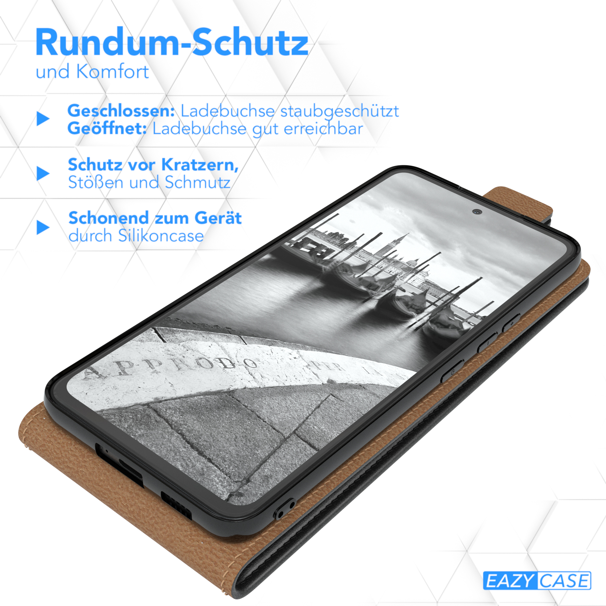 Geöffnete Handyhülle mit Telefon, das eine Szene zeigt. Text: Rundum-Schutz...