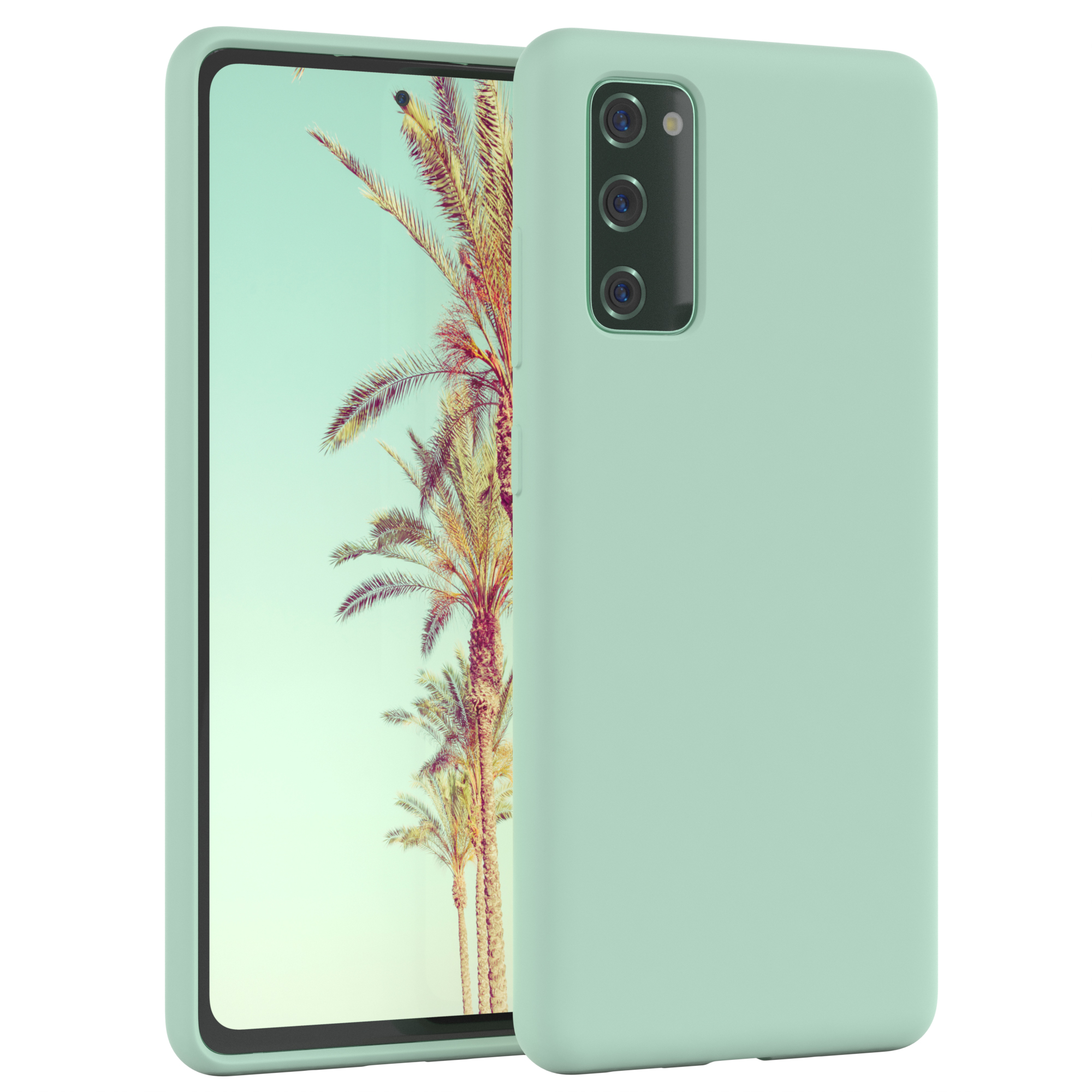 Ein mintgrünes Telefon in einer Hülle mit Palmenhintergrund.