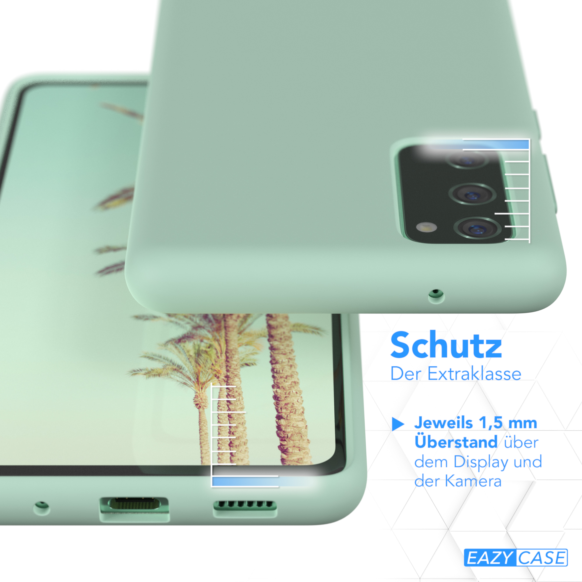 Minzgrüne Handyhülle auf Telefon. Text deutet auf Schutzfunktionen hin.