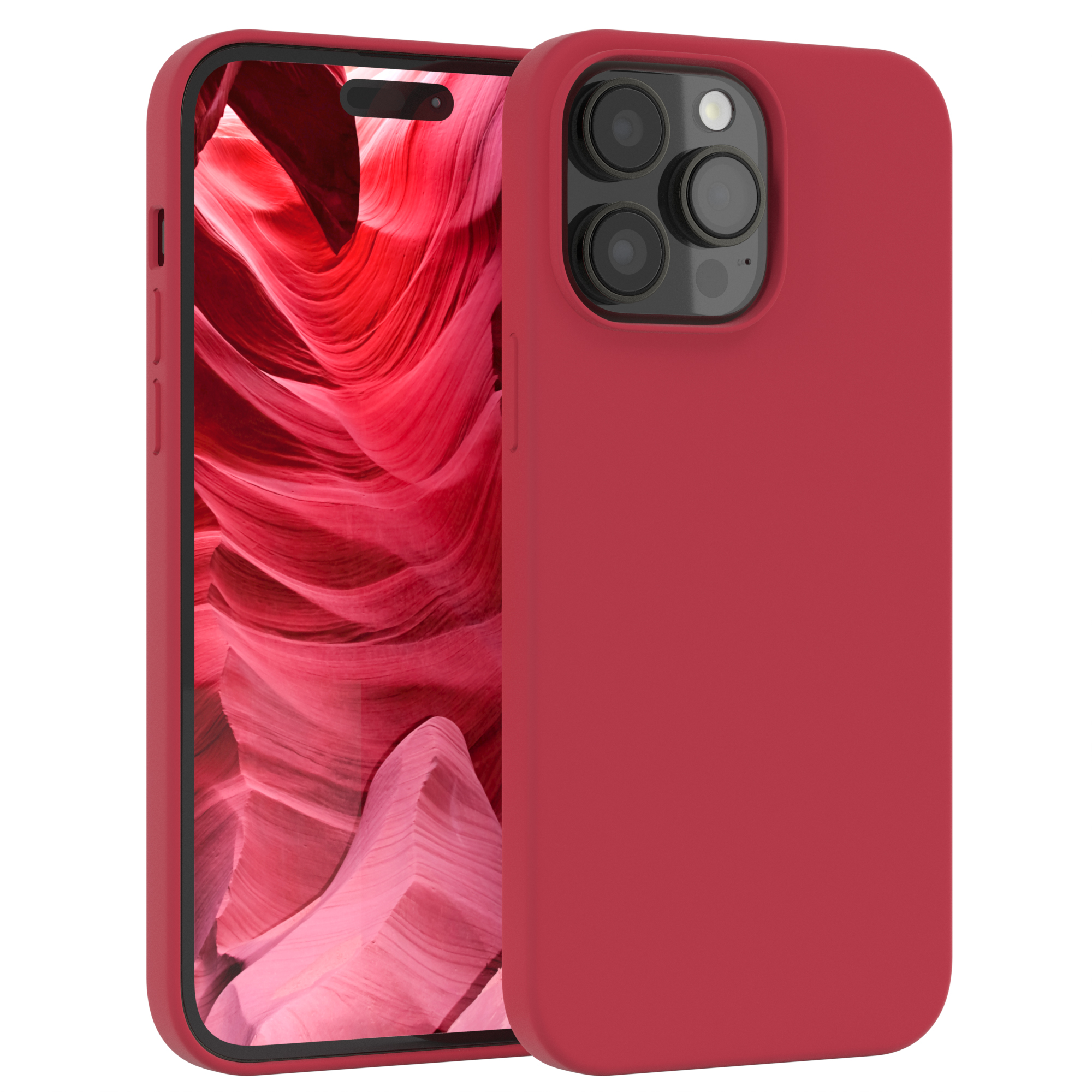 Rote Handyhülle mit rotem Hintergrund. Telefon in der Hülle.