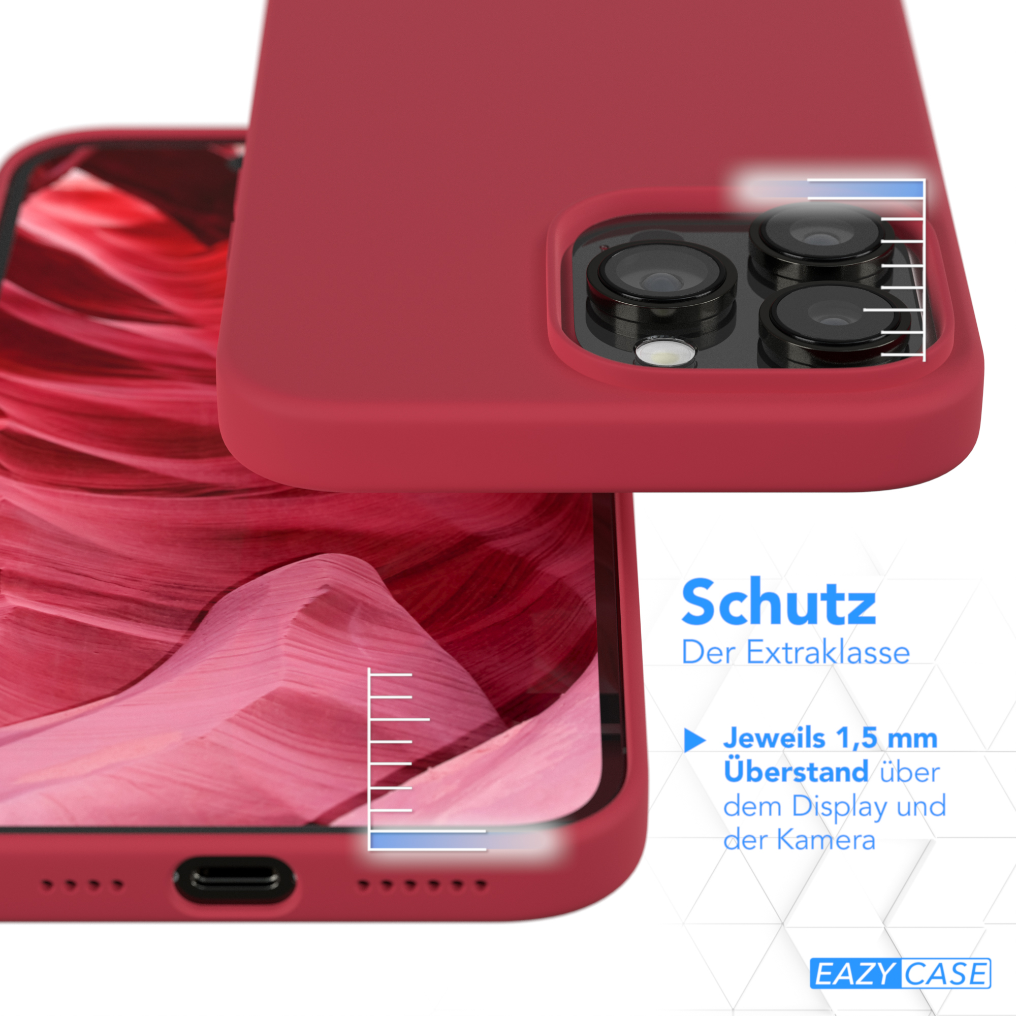 Eine rote Handyhülle mit einem Telefon darin. Der Kamerabereich hat 1,5 mm zusätzlichen Schutz.