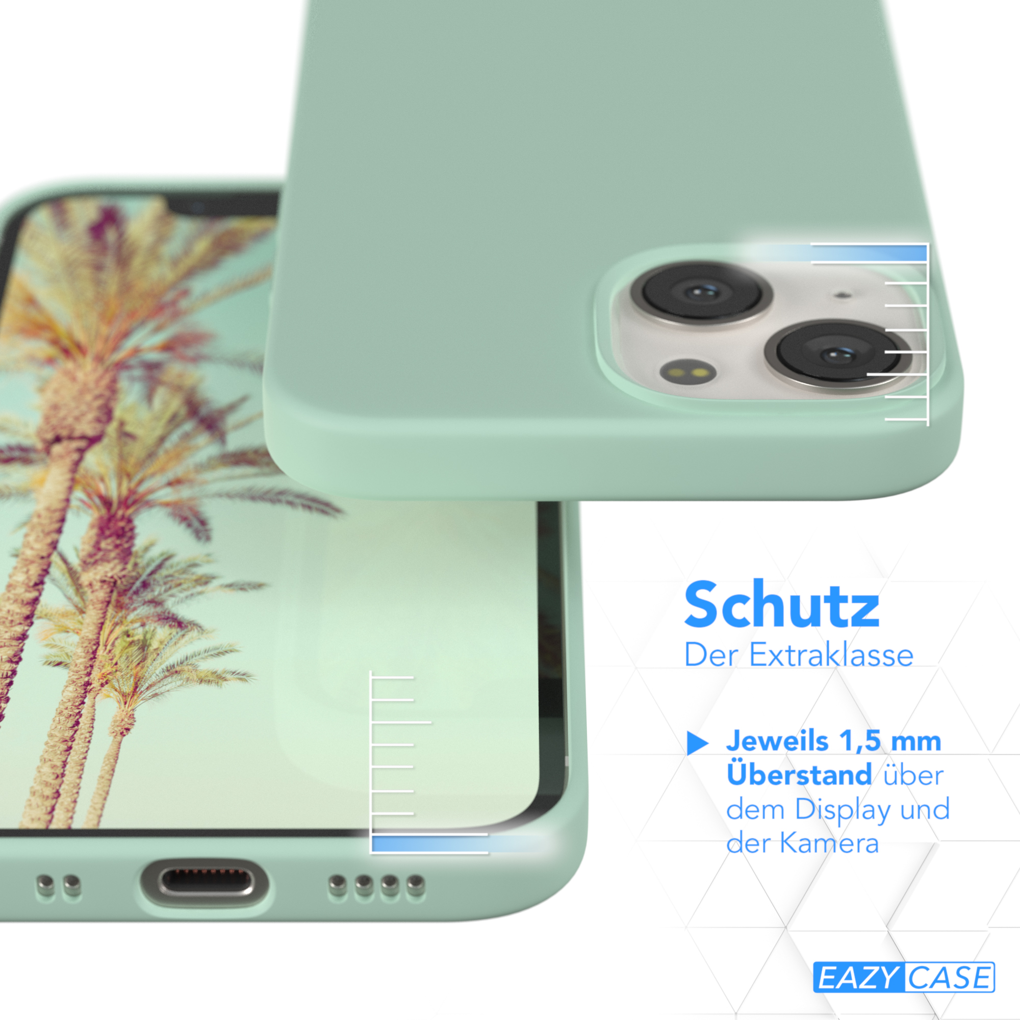 Minzgrüne Handyhülle mit Nahaufnahme eines Telefons, Palmen-Tapete. Schutzfunktionen werden gezeigt.