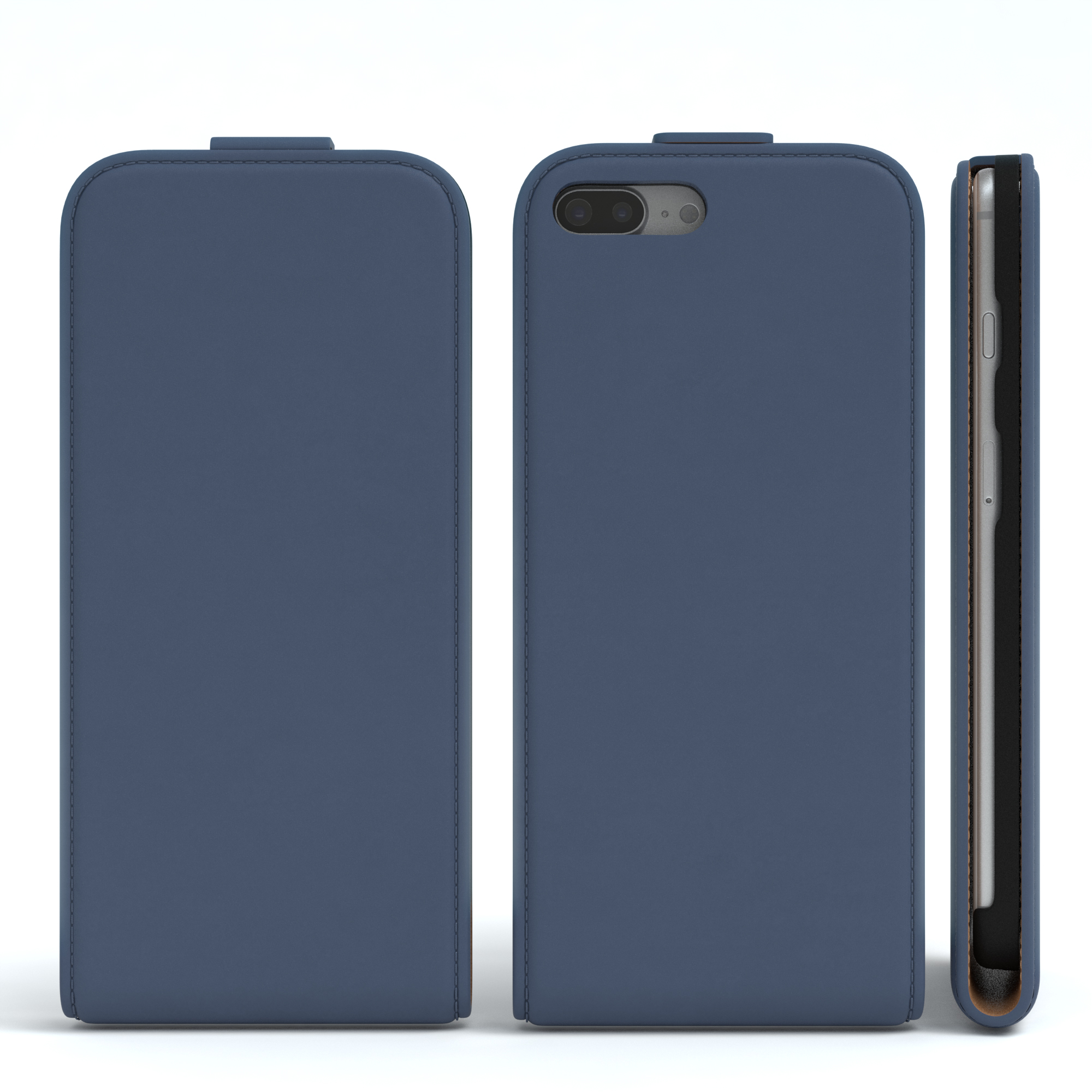 Drei Ansichten einer blauen Handyhülle. Vorderseite, offen und Seitenansicht, mit Telefon im Inneren.
