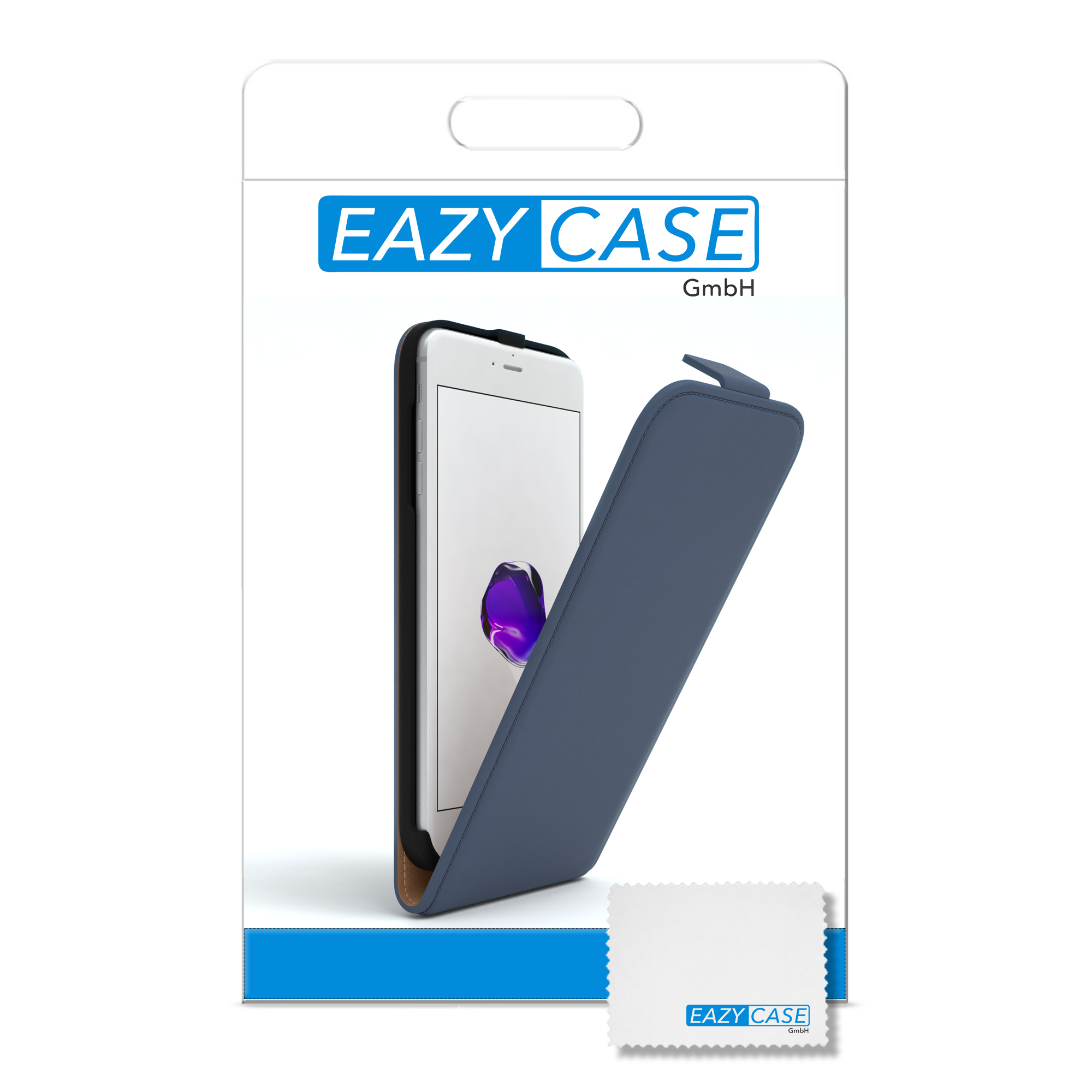 Handyhüllenverpackung mit Telefon in blauer Hülle und weißem Reinigungstuch.