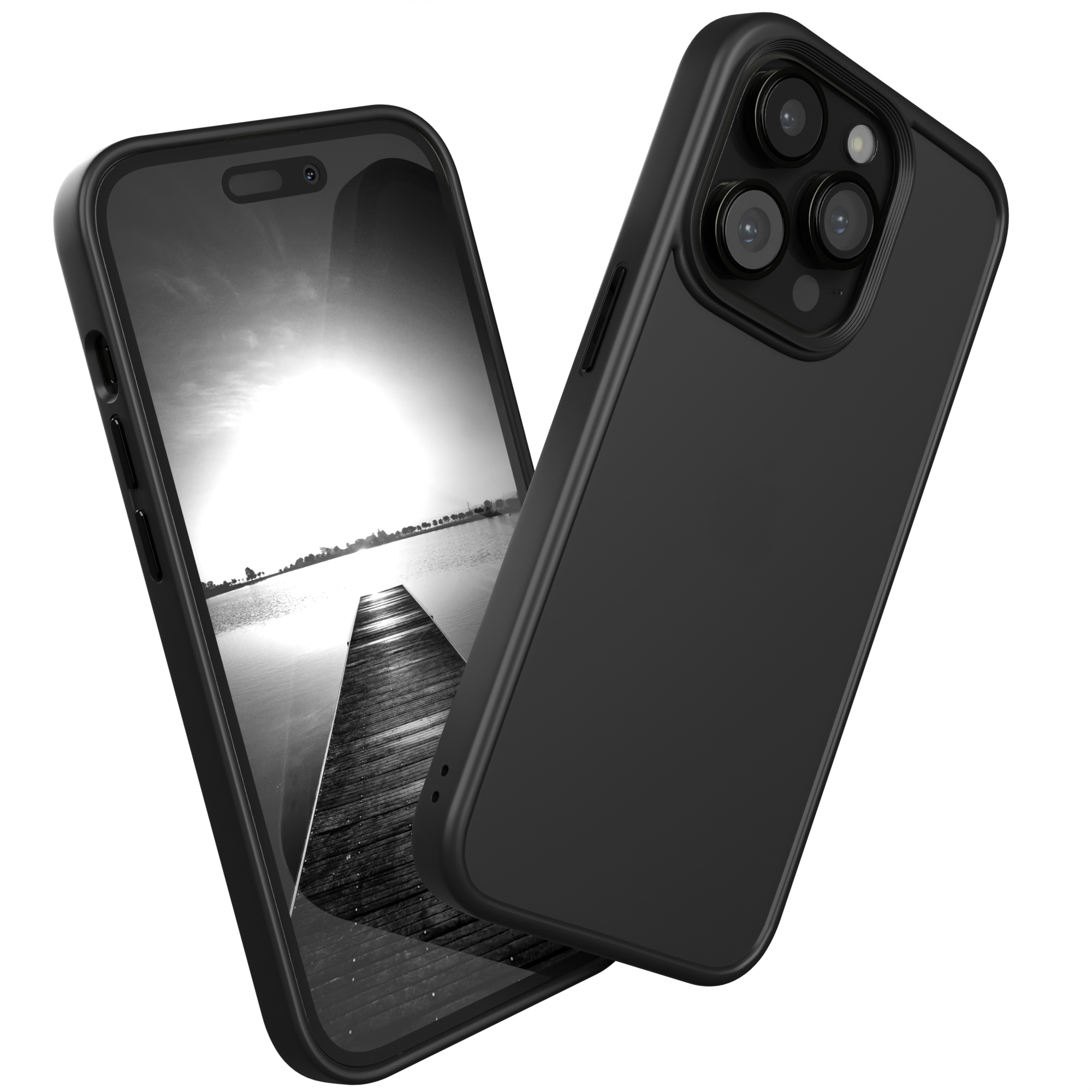 Schwarze Handyhülle mit Telefon. Telefon zeigt Steg in Schwarzweiß. Schwarze Hülle, schwarzer Rand.