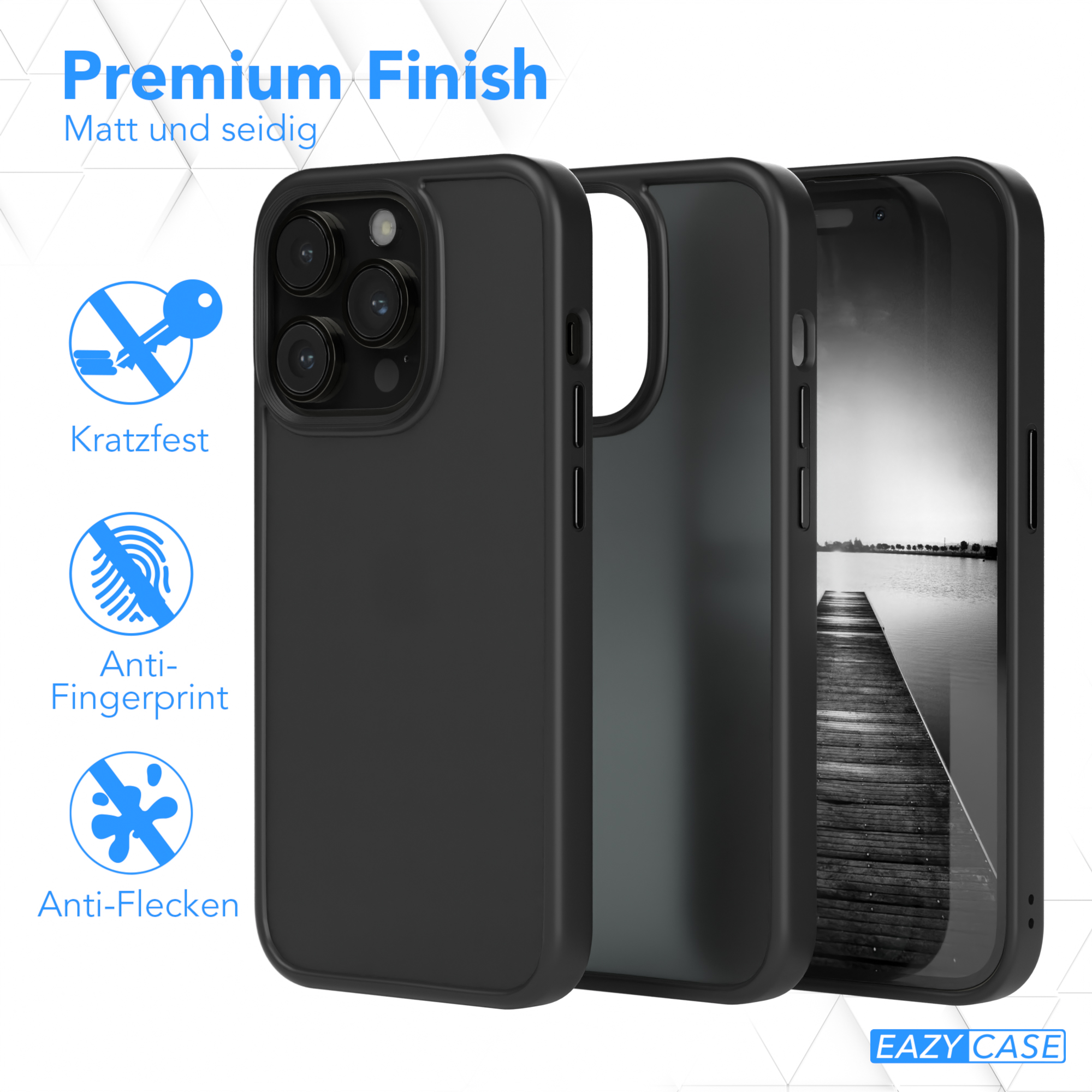 Schwarze Handyhülle mit Telefon. Premium-Finish. Text hebt Kratz-, Fingerabdruck- und Fleckenbeständigkeit hervor.