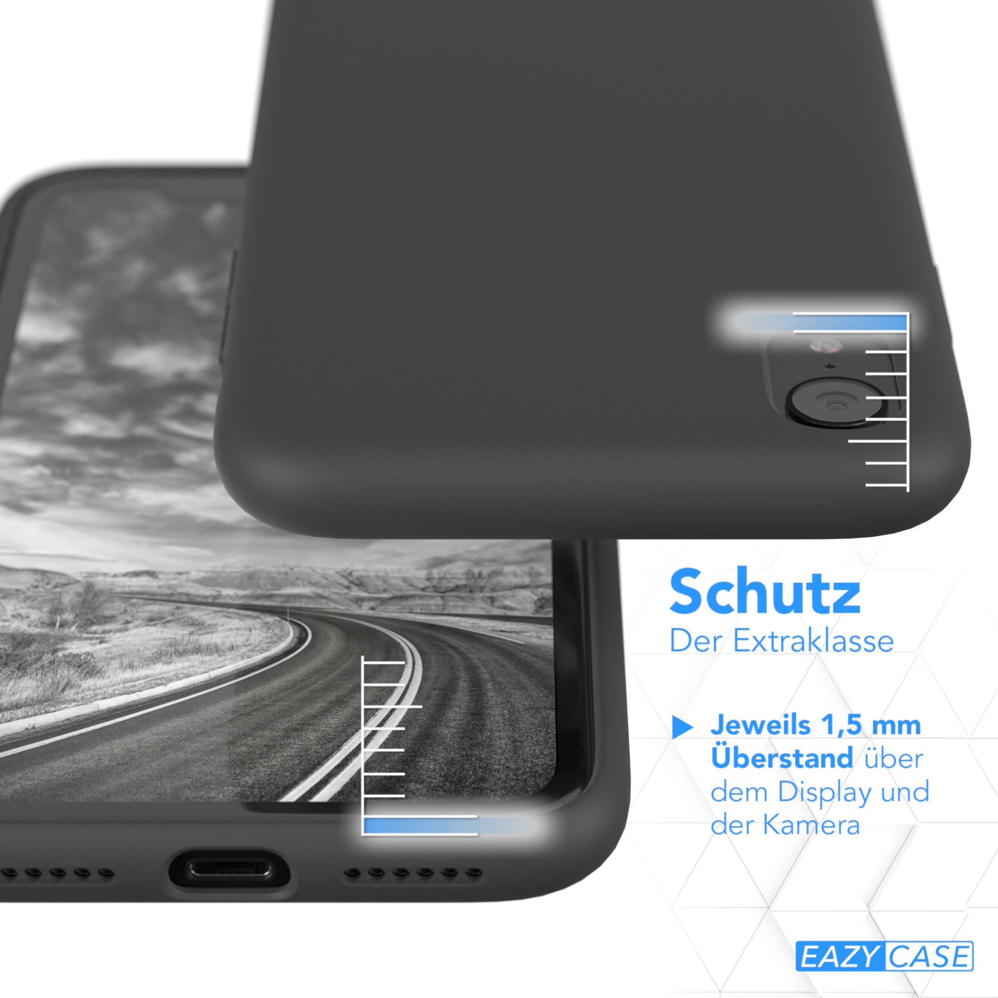 Schwarze Handyhülle mit Schutzlippe, Straße und Text-Overlay. Zeigt Display- und Kameraschutz.