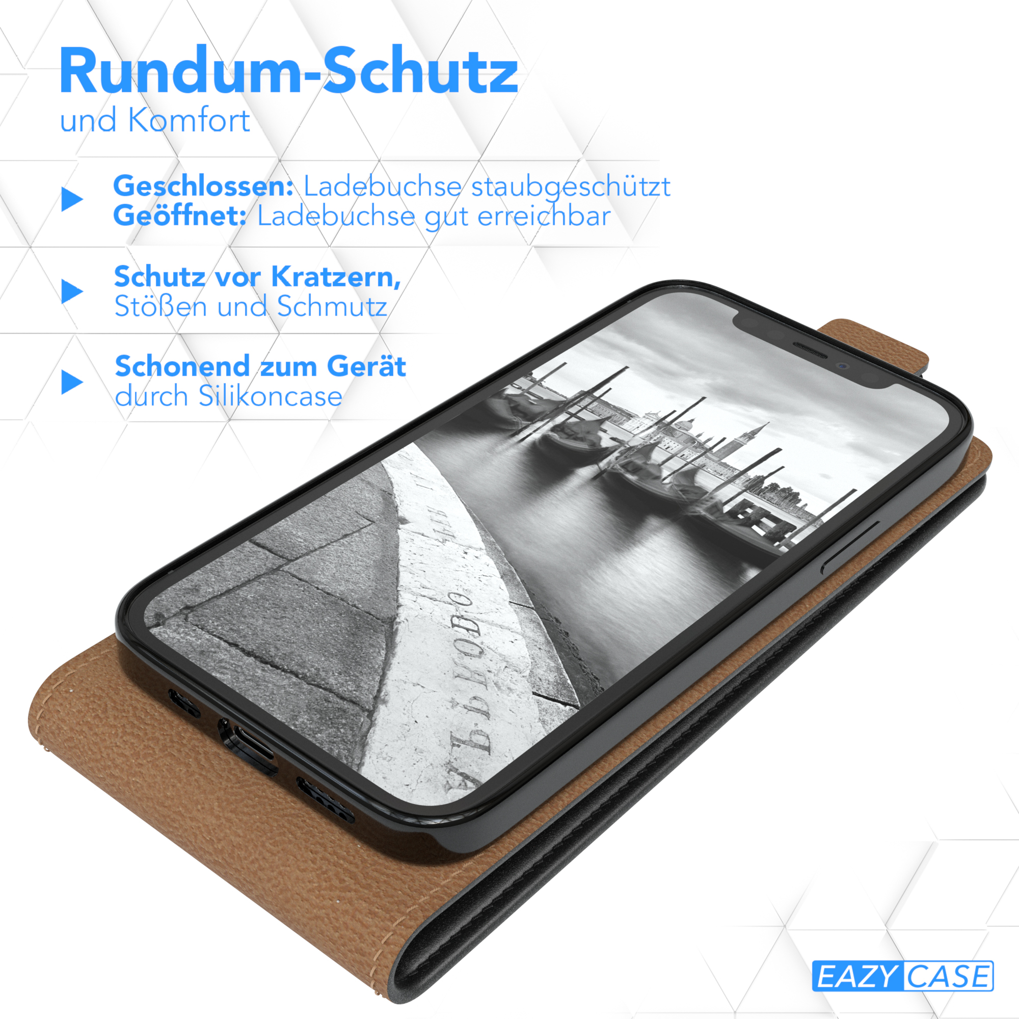 Handyhülle mit einem Telefon darin. Es zeigt ein Schwarz-Weiß-Bild einer Stadt.