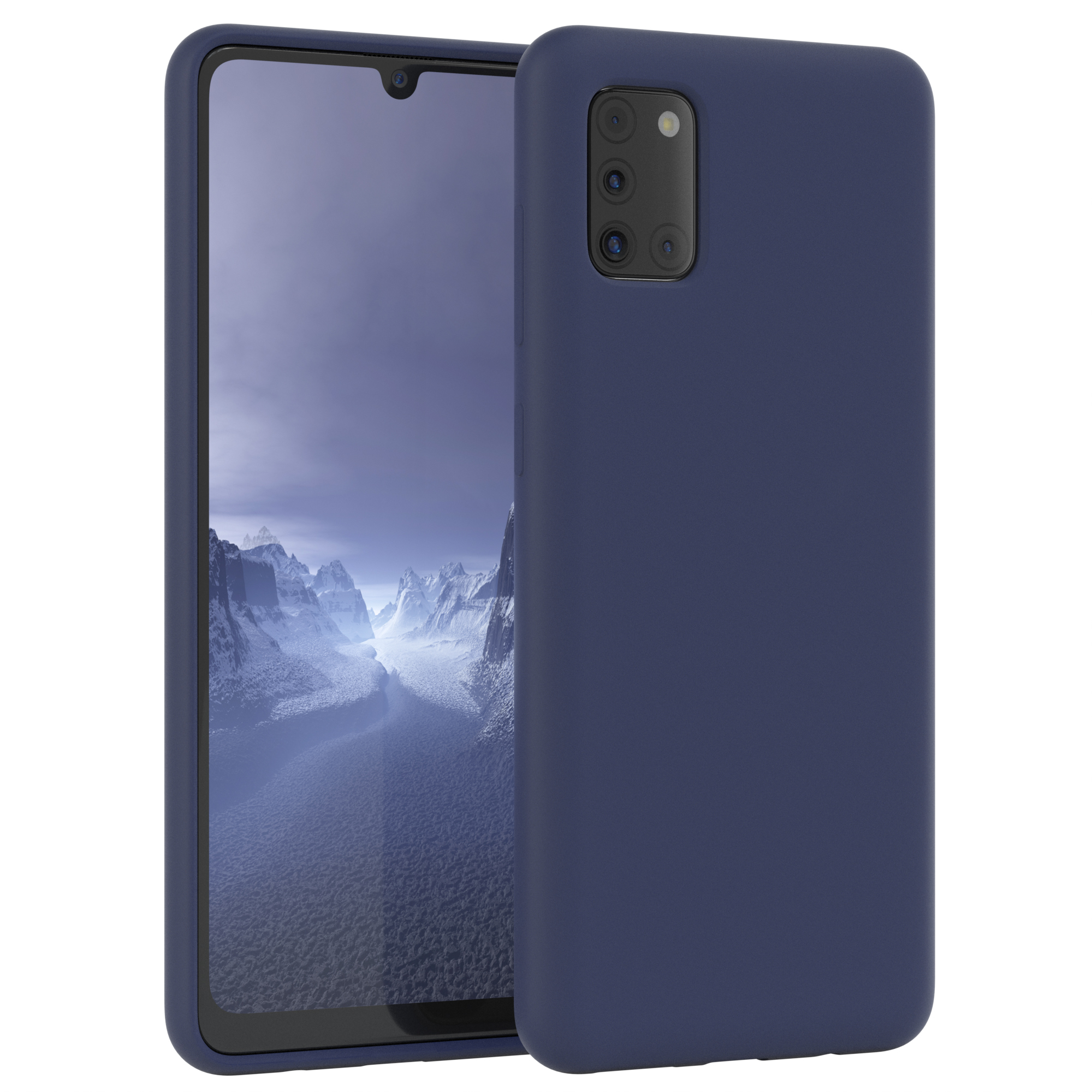 Marineblaue Handyhülle mit Telefon, das eine schneebedeckte Berglandschaft zeigt.