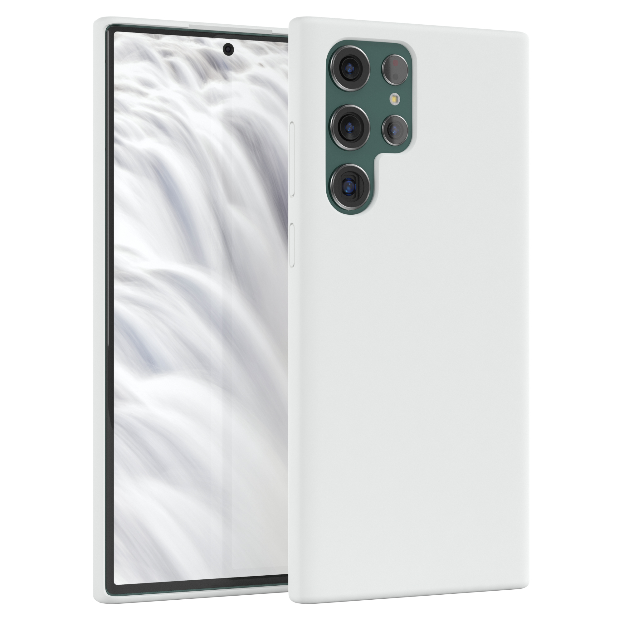 Weißes Handycase mit Telefon, das einen Wasserfall zeigt. Die Kameralinsen sind grün.