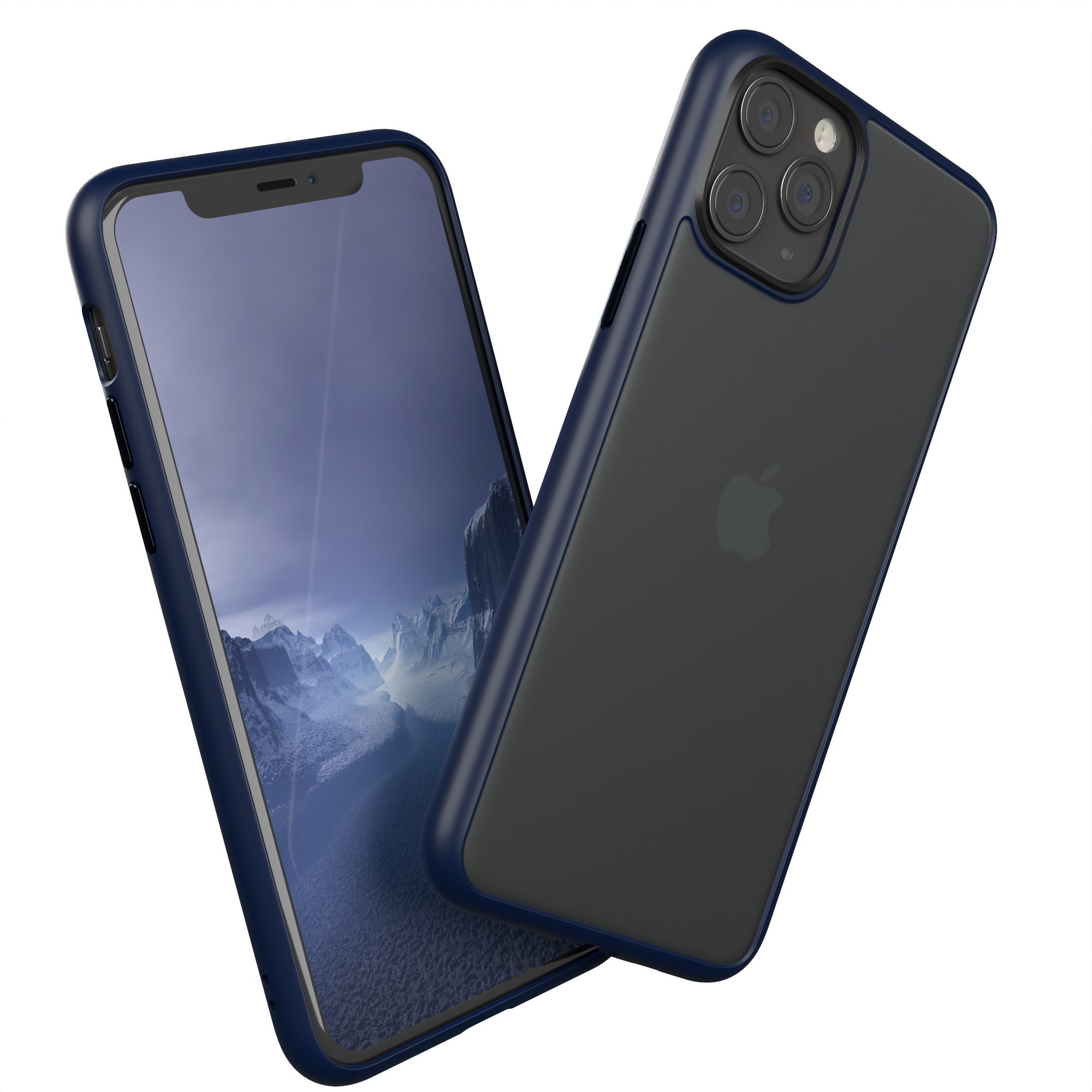 Zwei iPhones mit einer blau-schwarzen Hülle, eines in der Hülle, eines daneben.