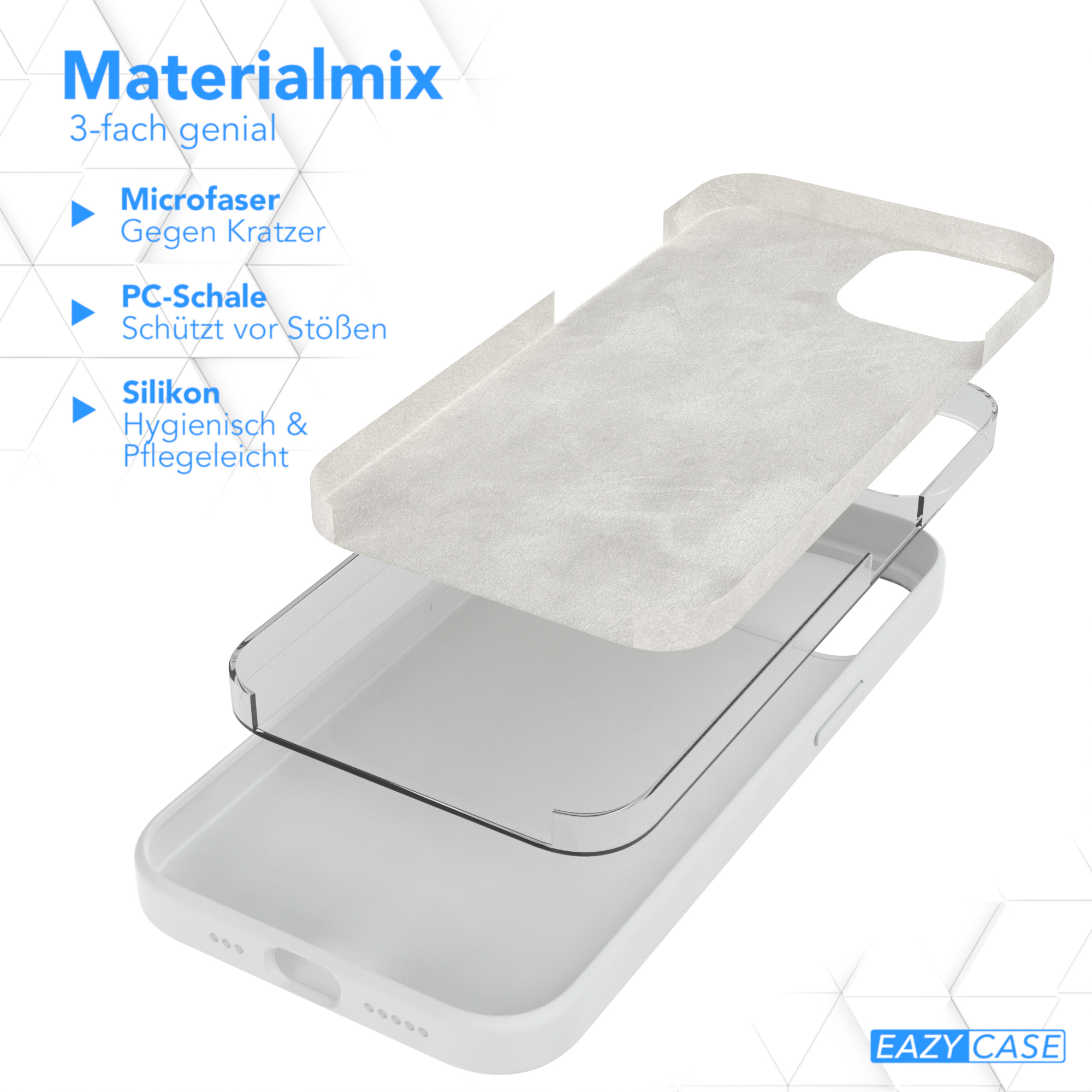 Handyhüllen-Komponenten mit Schichten aus Mikrofaser, PC-Schale und Silikon.