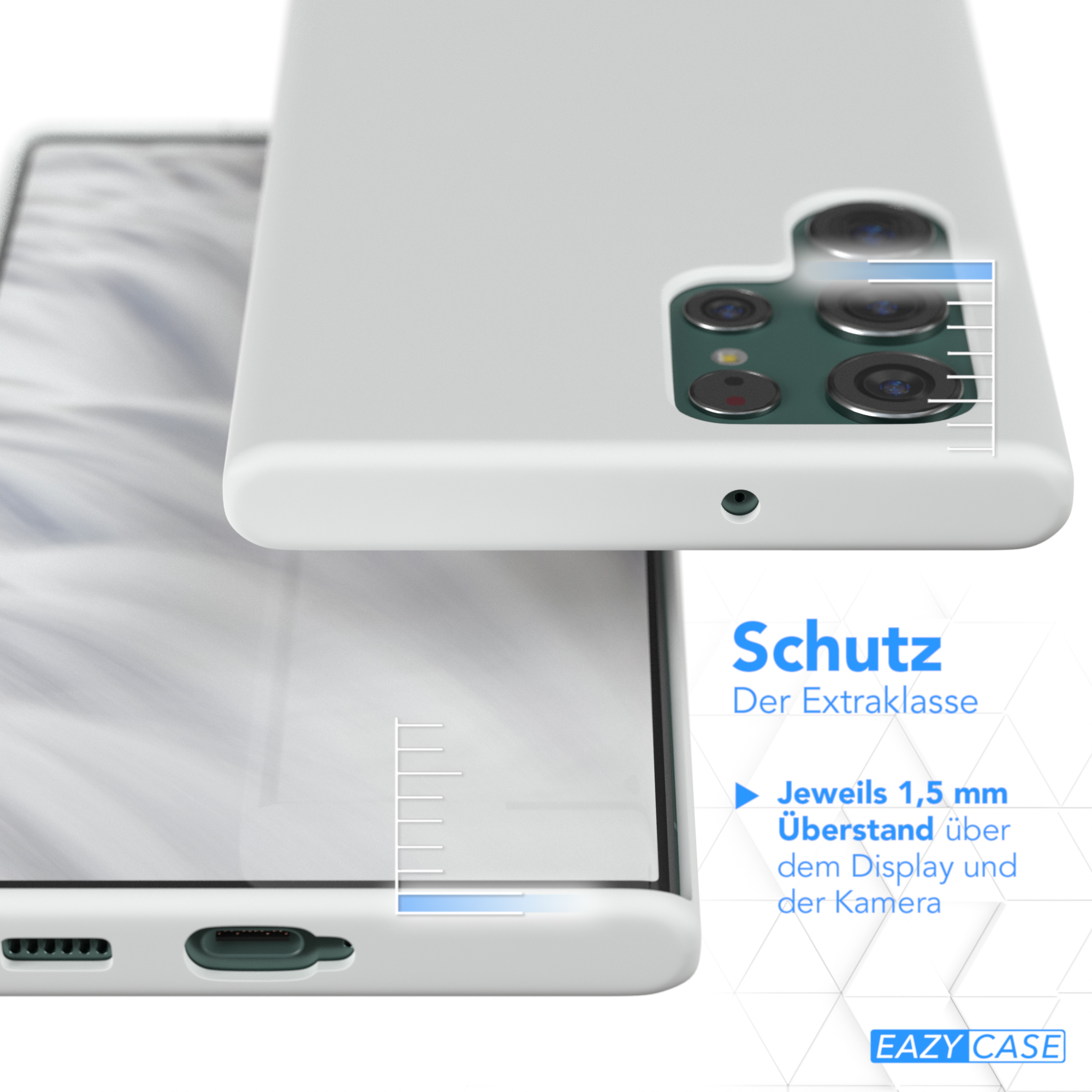 Weiße Handyhülle mit Schutzlippe. Text-Overlay zeigt Details zum Display- und Kameraschutz.