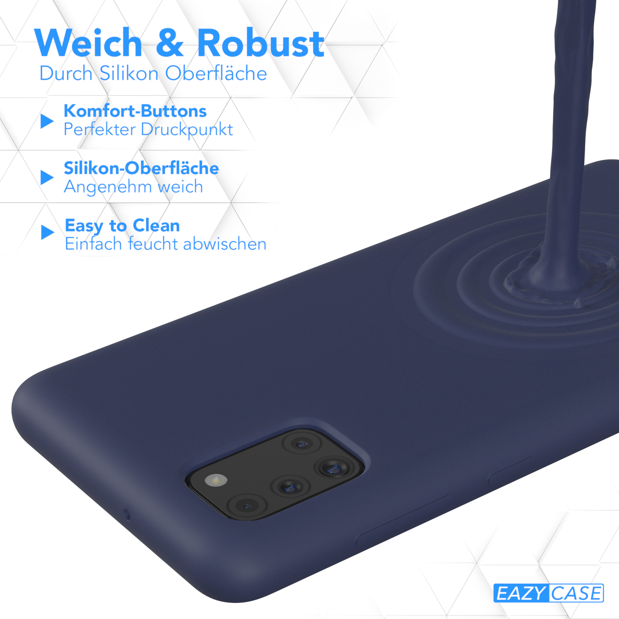 Marineblaue Handyhülle mit Flüssigkeitsguss. Text: Weich & Robust. Silikonoberfläche, leicht zu reinigen.
