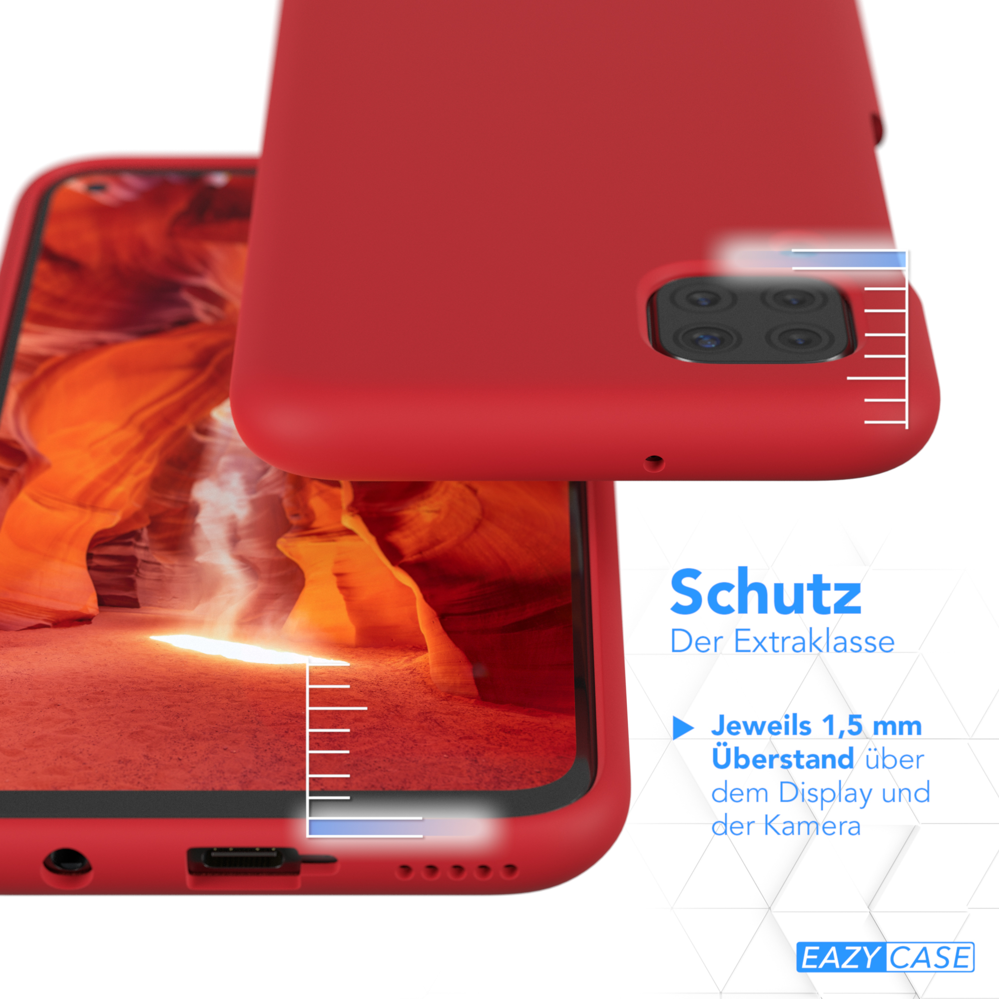 Ein Telefon in einer roten Hülle. Die Hülle ist geöffnet und geschlossen dargestellt.