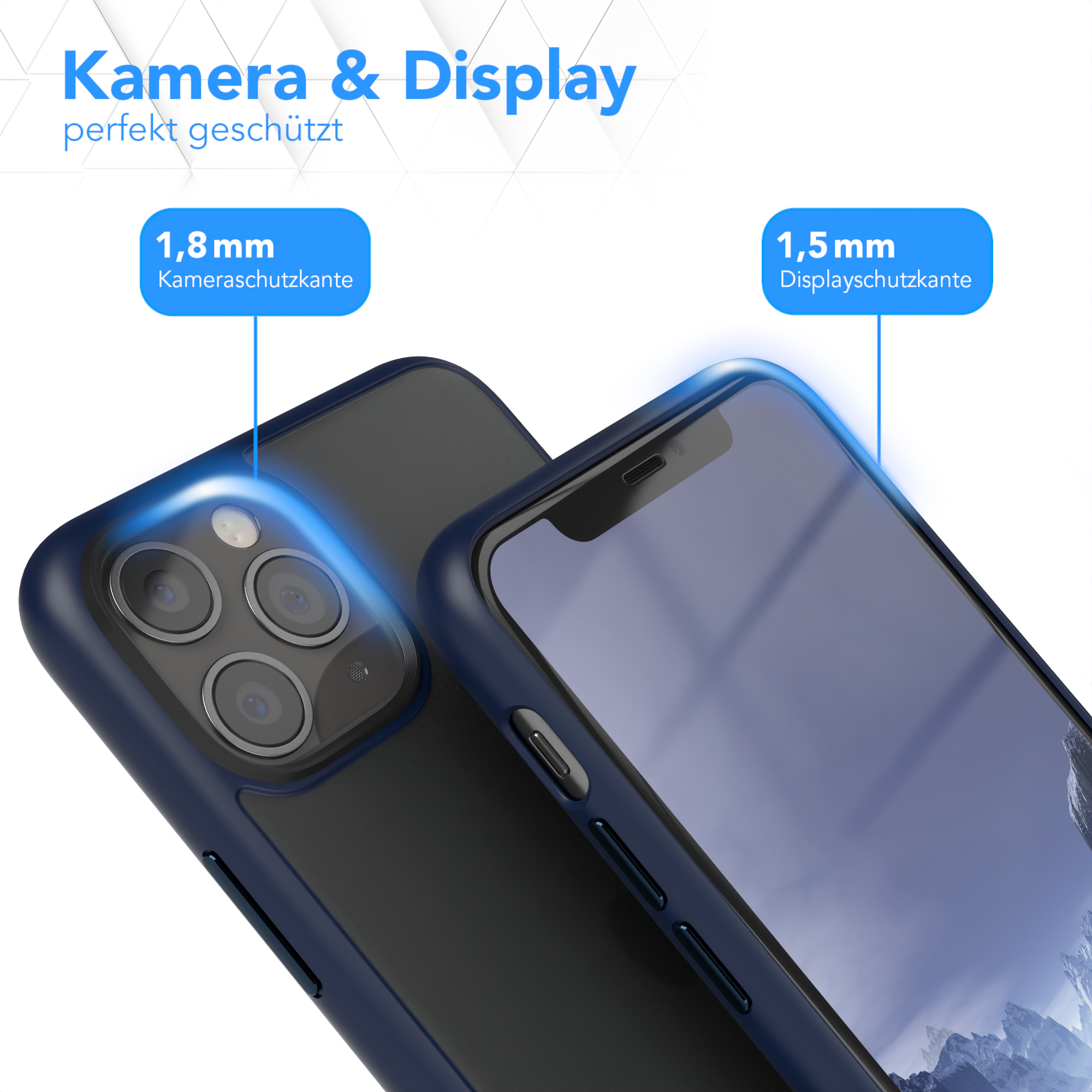 Nahaufnahme eines Telefons mit blauem Gehäuse, das Kamera- und Displayschutzfunktionen zeigt.