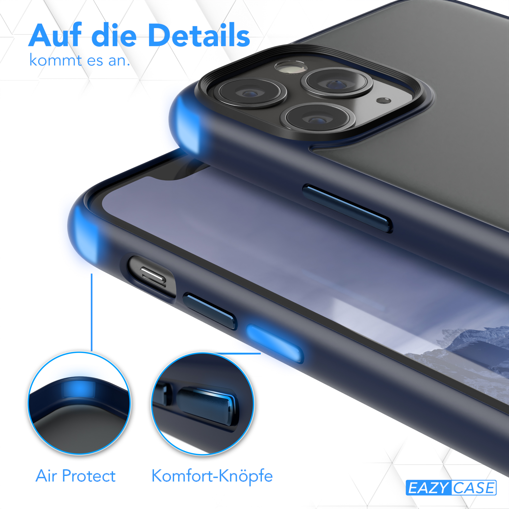 Nahaufnahme einer Handyhülle mit blauen Akzenten. Luftschutz und Komforttasten.