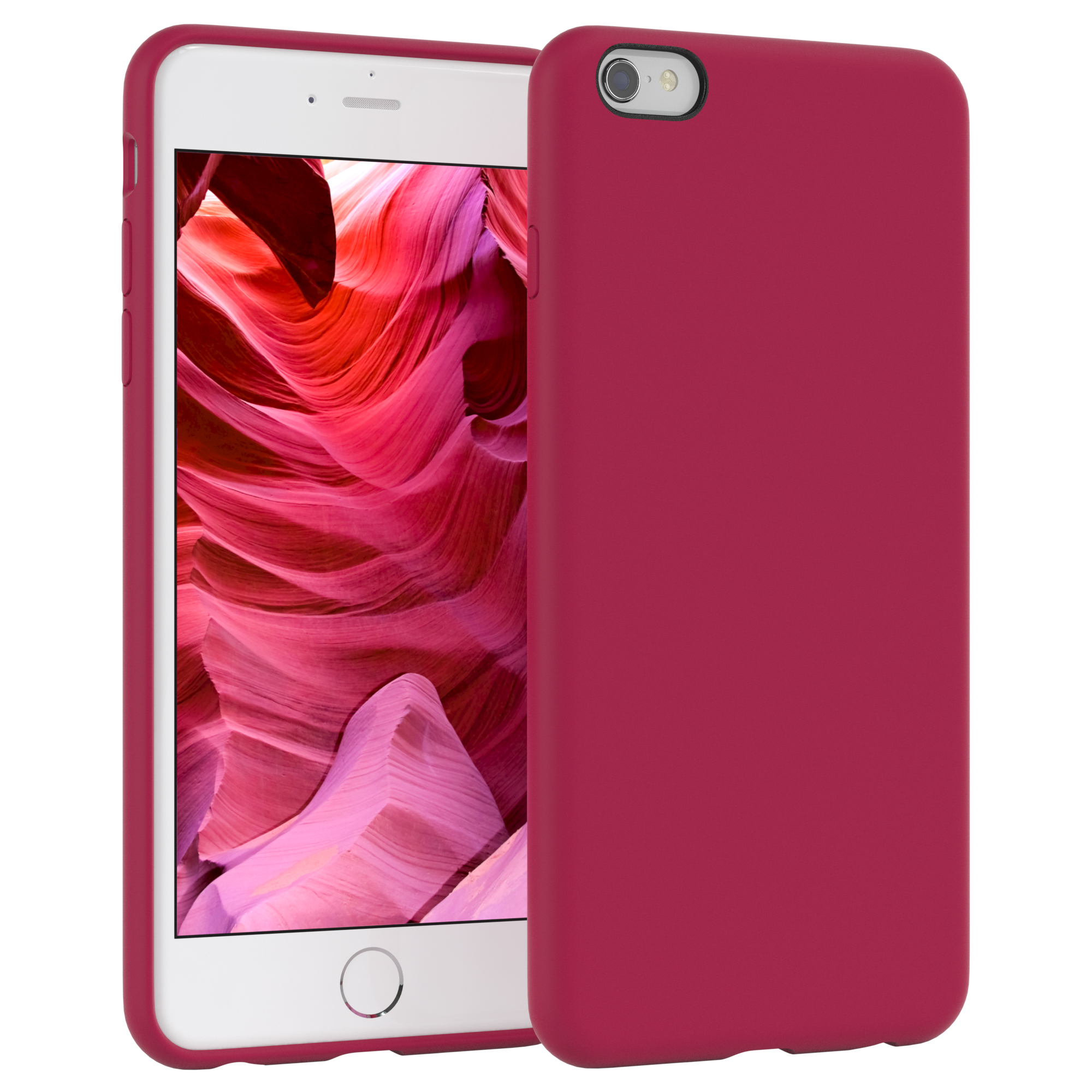 Rote Handyhülle mit Telefon, das eine orange-rote Felsformation zeigt.