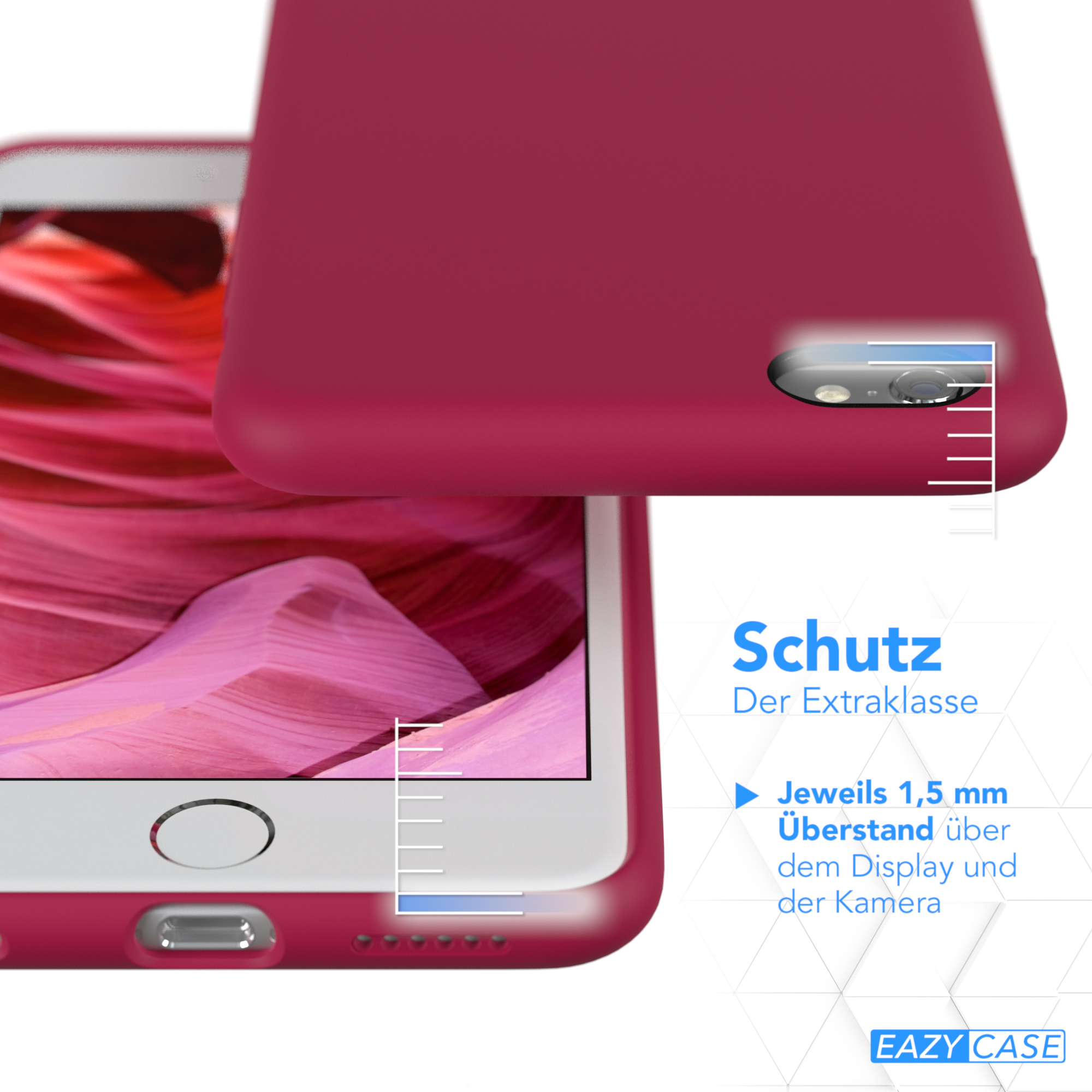 Telefon in roter Hülle. Text: Schutz der Extraklasse. 1,5 mm über Display und Kamera.