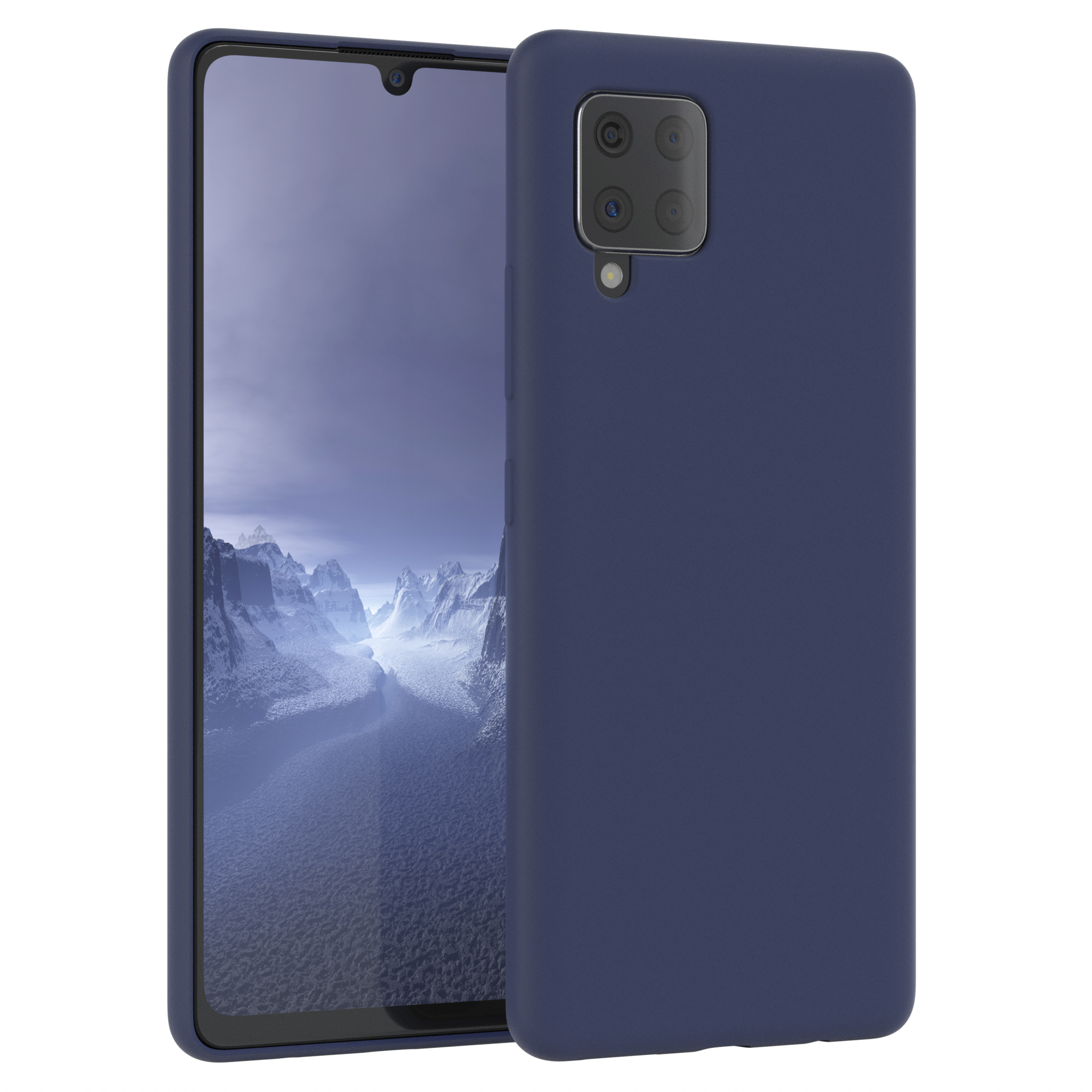 Dunkelblaue Handyhülle mit Telefon darin, das Kameramodul auf der Rückseite zeigt.