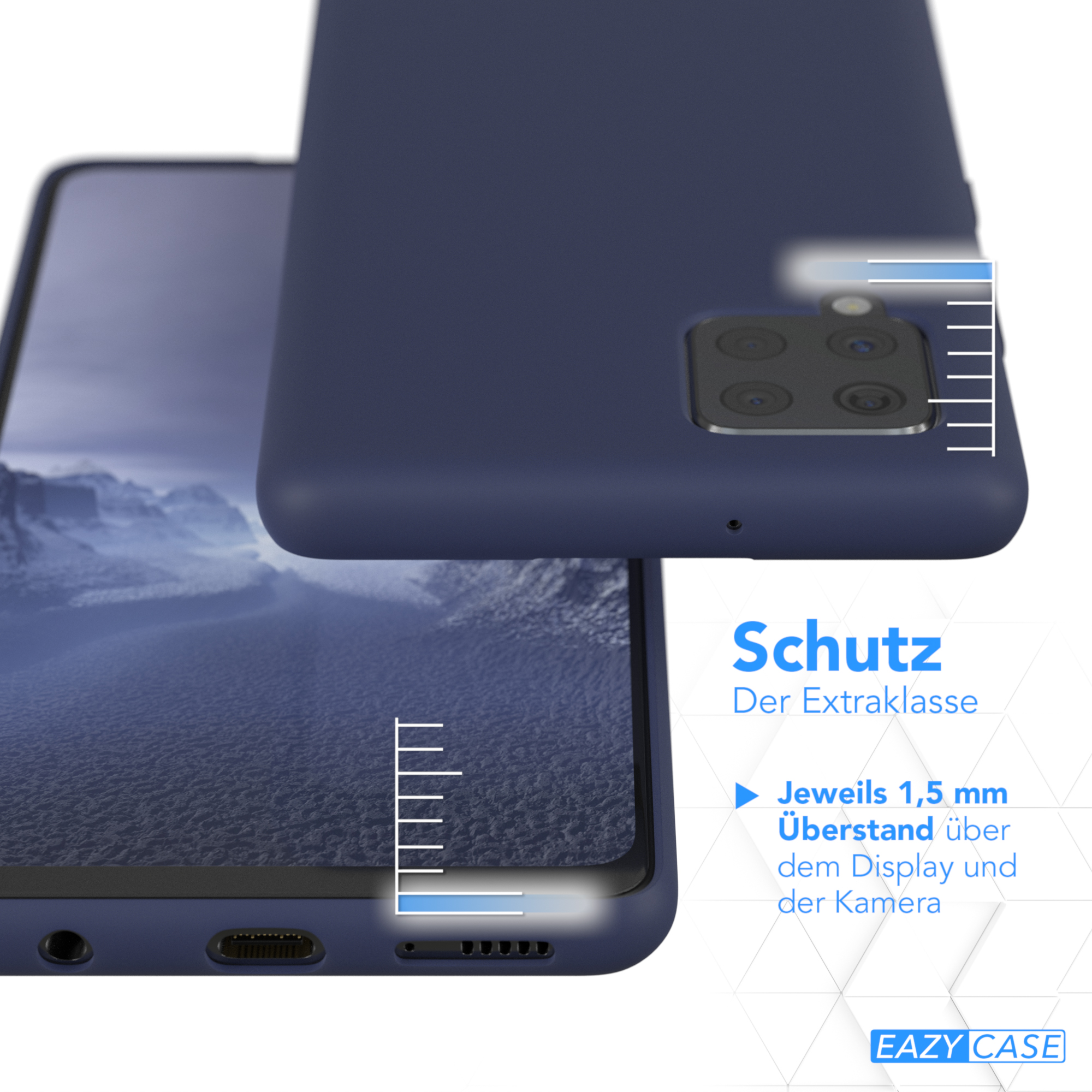 Blaue Handyhülle auf einem Telefon. Text zeigt Schutz an.