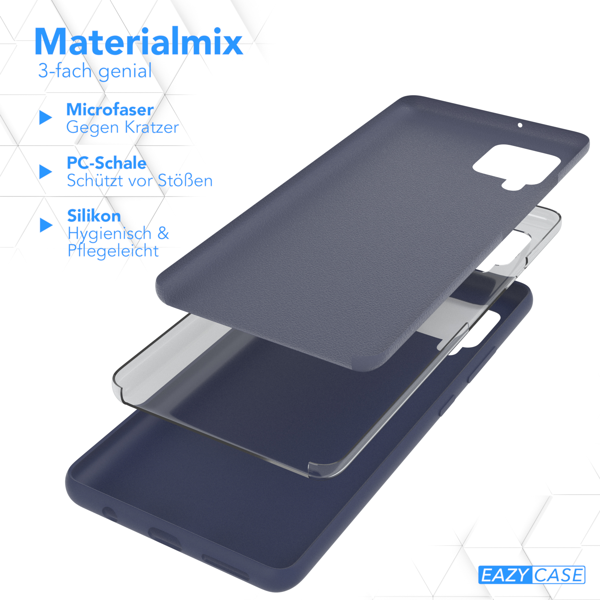 Blaues, mehrschichtiges Handycase: Mikrofaser, PC und Silikon. Text: Materialmix, 3-fach genial.