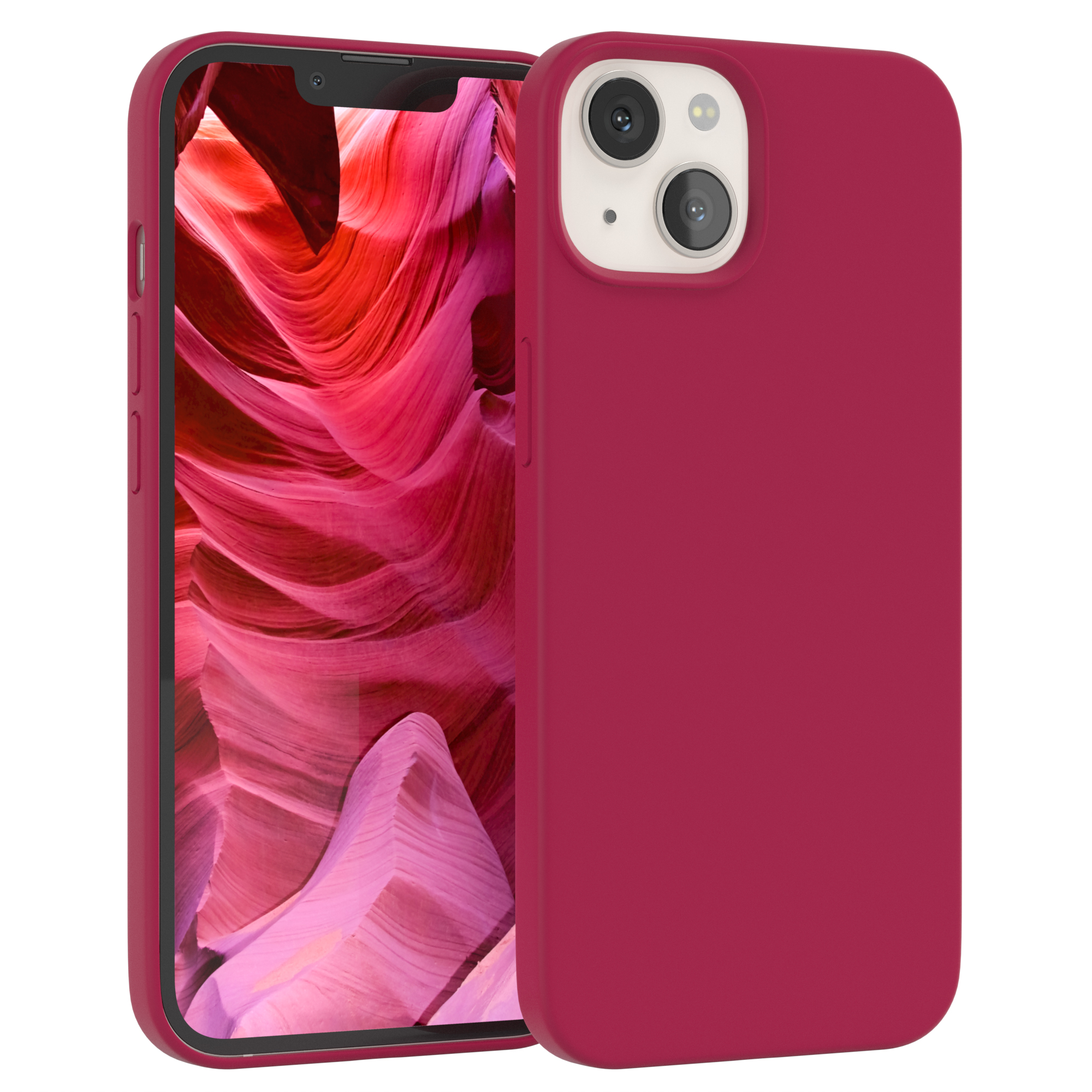 Ein burgunderfarbenes Handycase und ein Handy werden angezeigt. Der Bildschirm zeigt eine rote Felsformation.