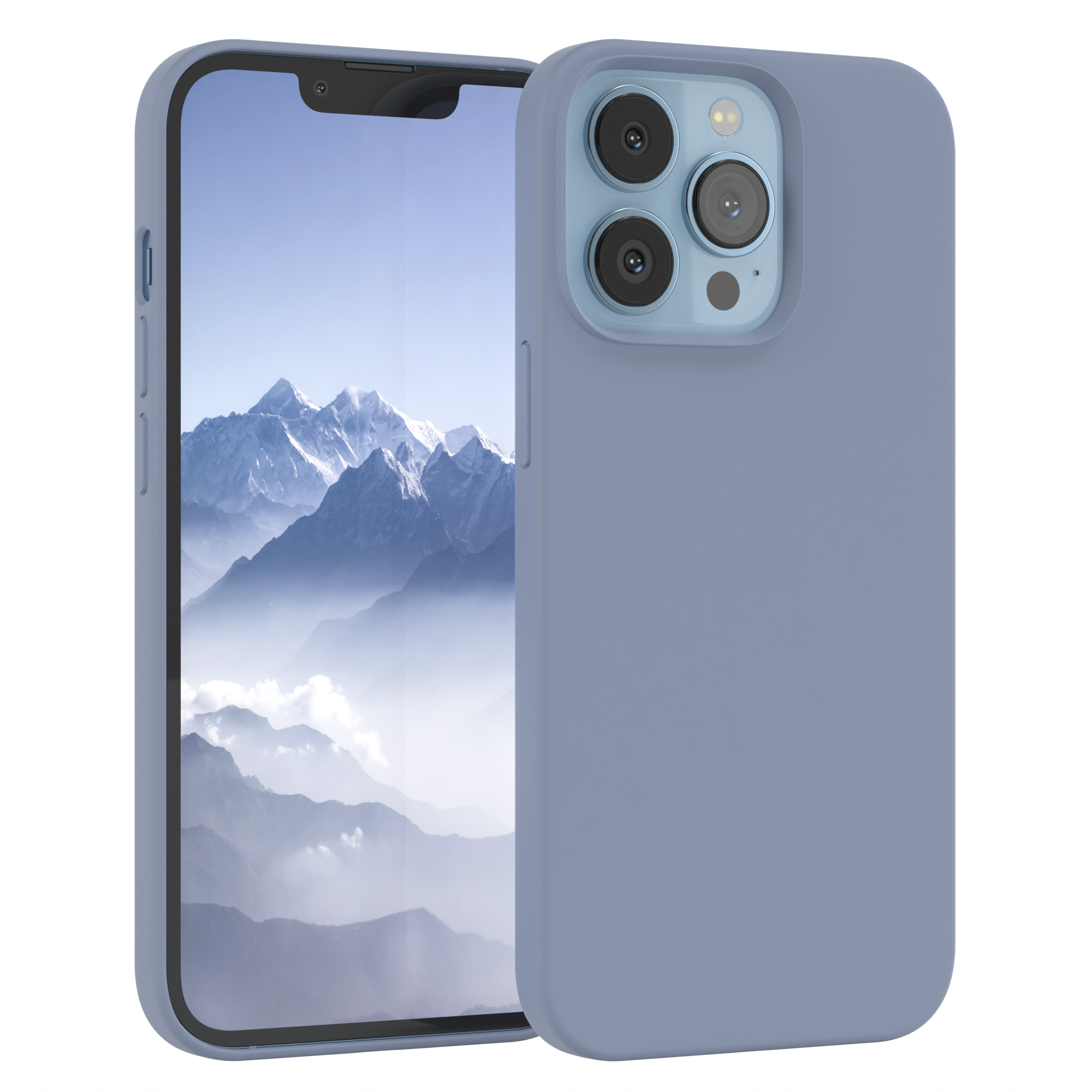 Blaue Handyhülle mit Telefon, das eine Berglandschaft zeigt. Weißer Hintergrund.