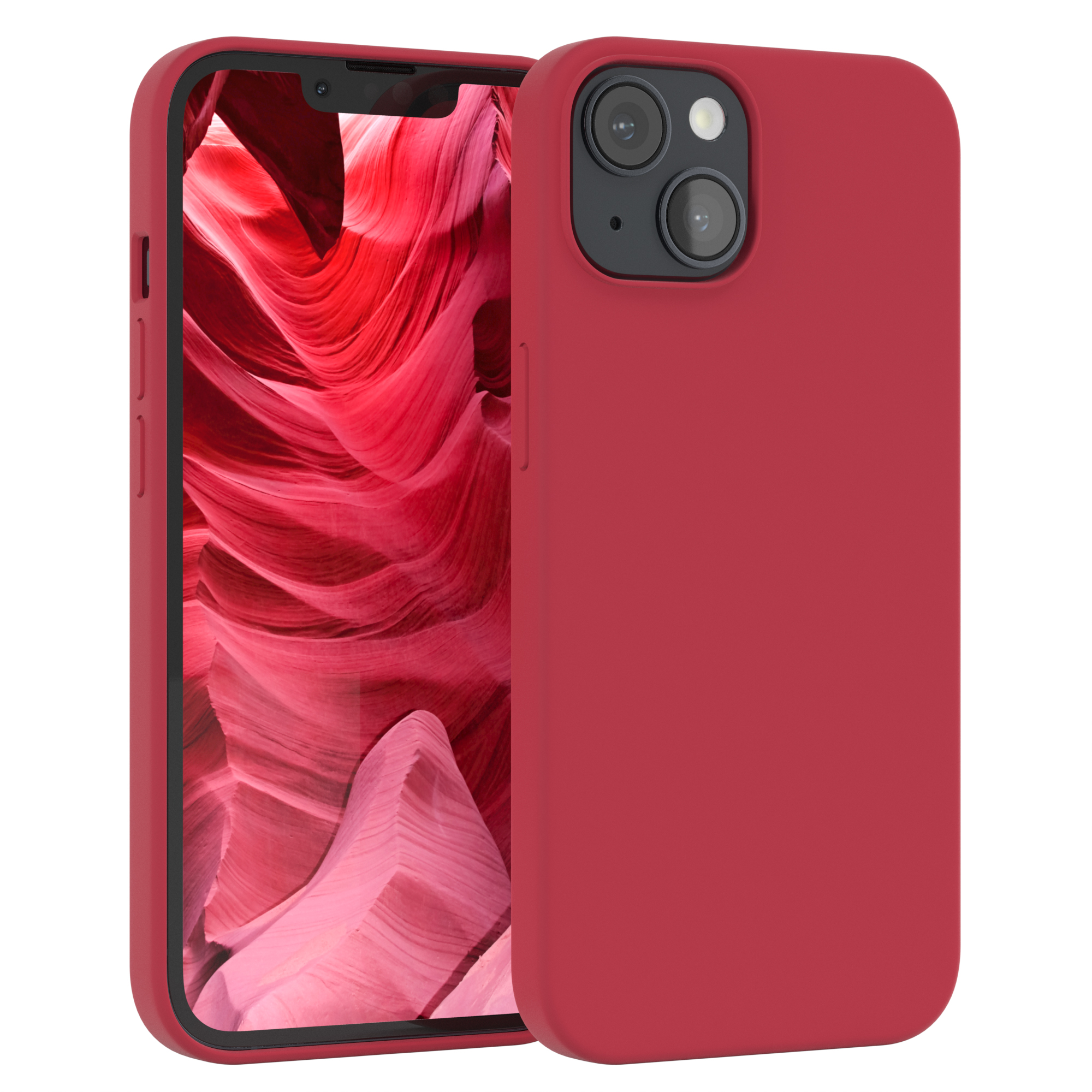 Rote Handyhülle mit Telefon, das eine rote Felslandschaft im Hintergrund zeigt.