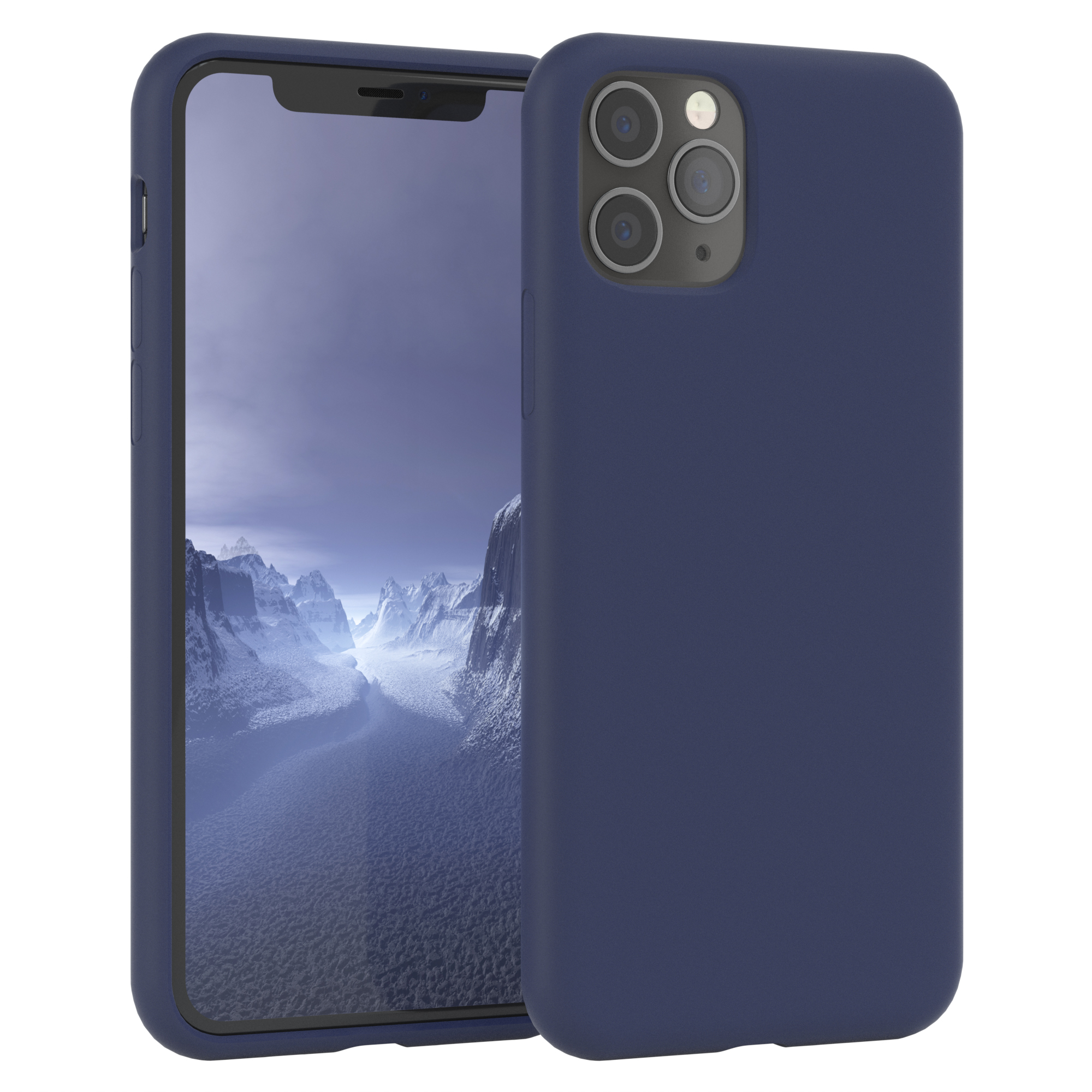 Blaue Handyhülle mit Telefon. Weißer Hintergrund.