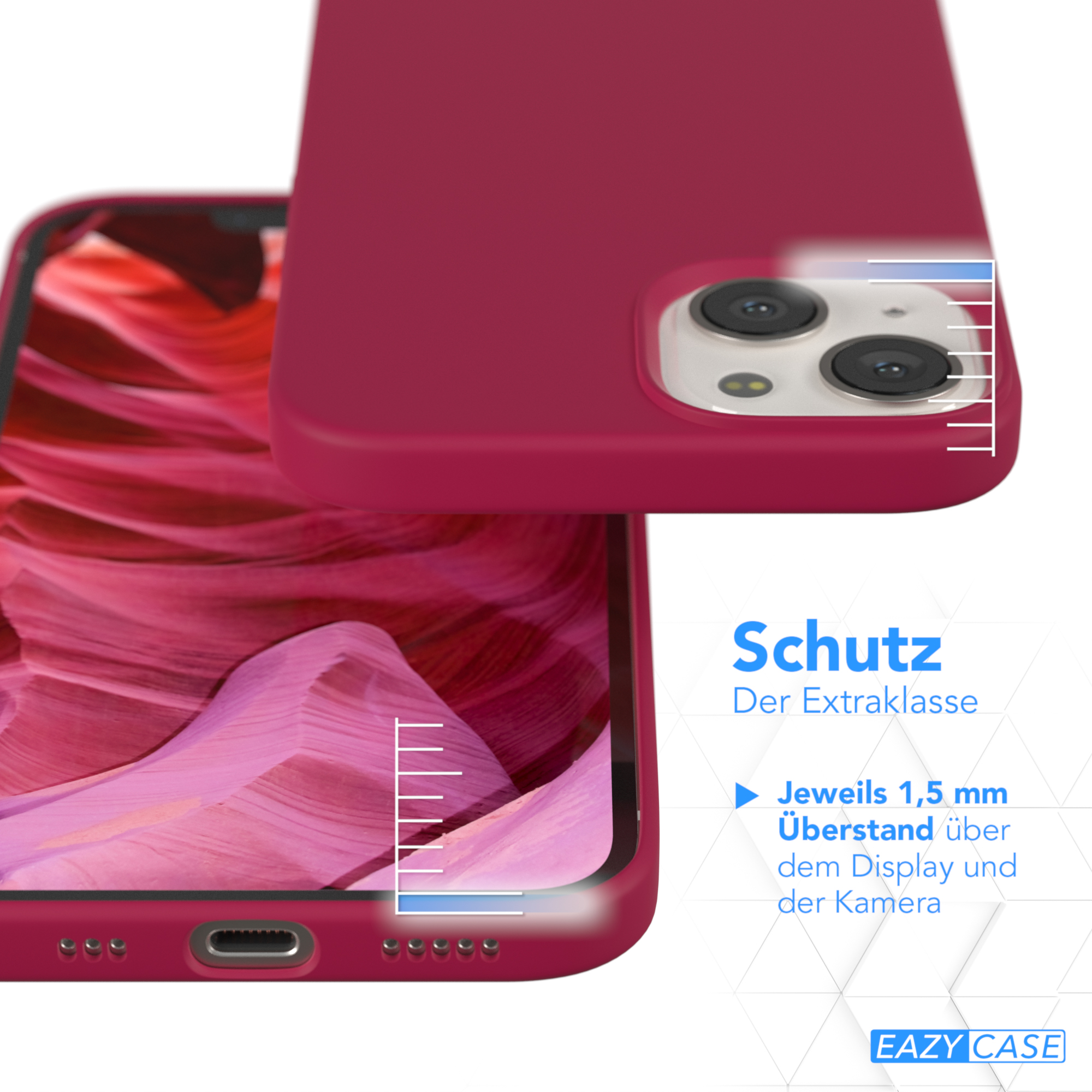 Handyhülle, Nahaufnahme einer roten Handyhülle und eines Telefons. Zeigt Messdetails.