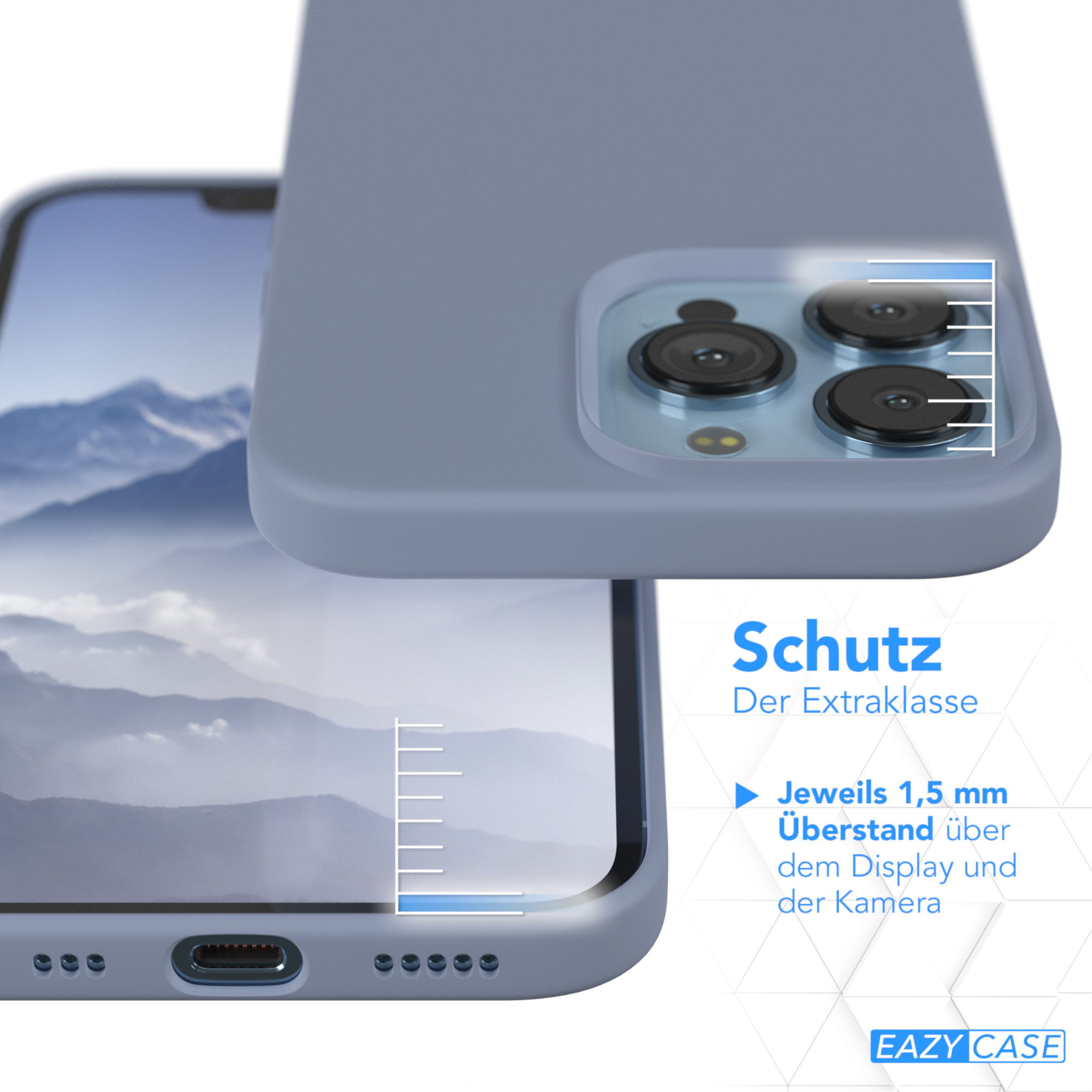 Eine Handyhülle auf einem Telefon. Text sagt 'Schutz', zeigt auch Schutzdetails und Messungen.