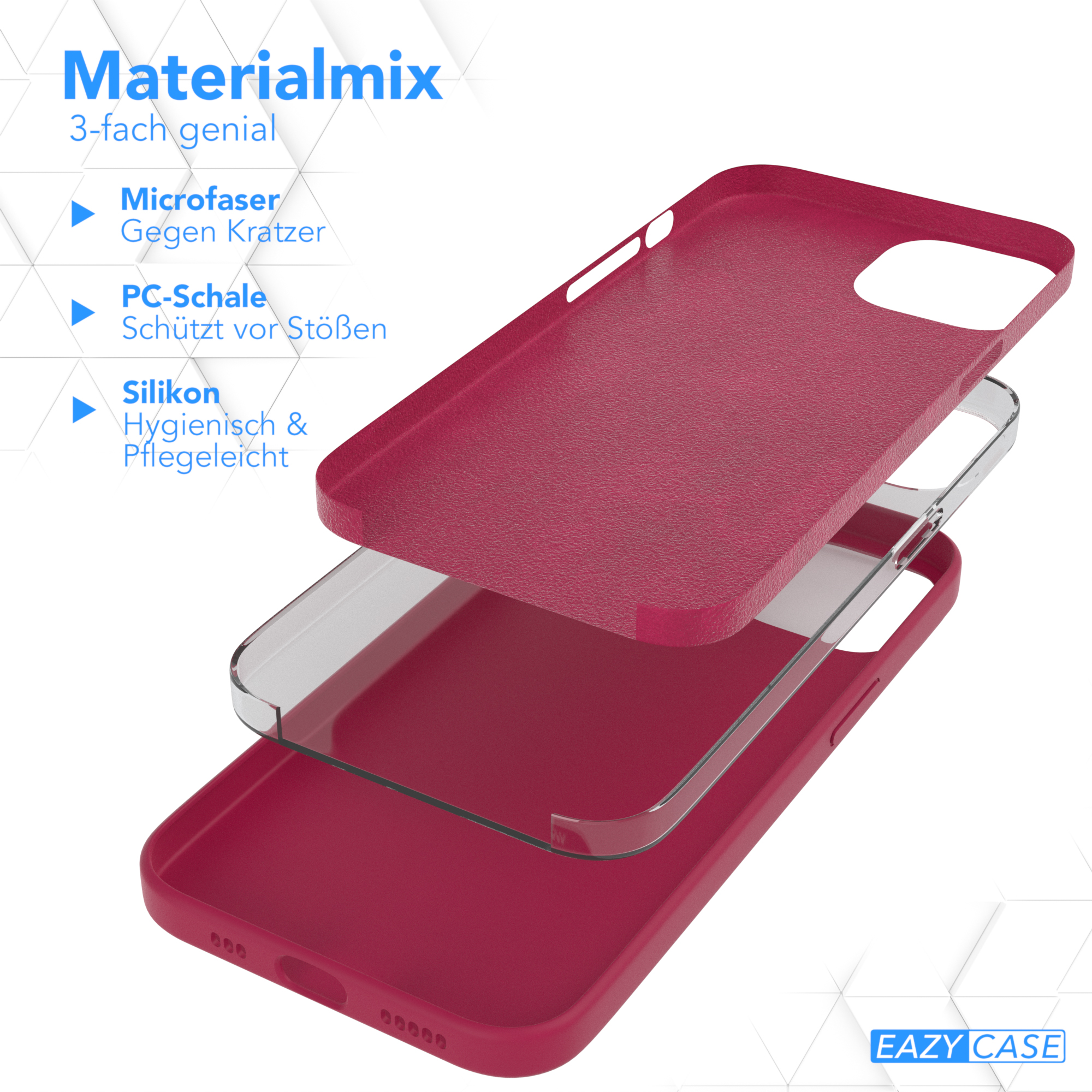 Drei Schichten einer Handyhülle. Eine rote Außenschicht, eine klare Mitte und eine rote Unterschicht.