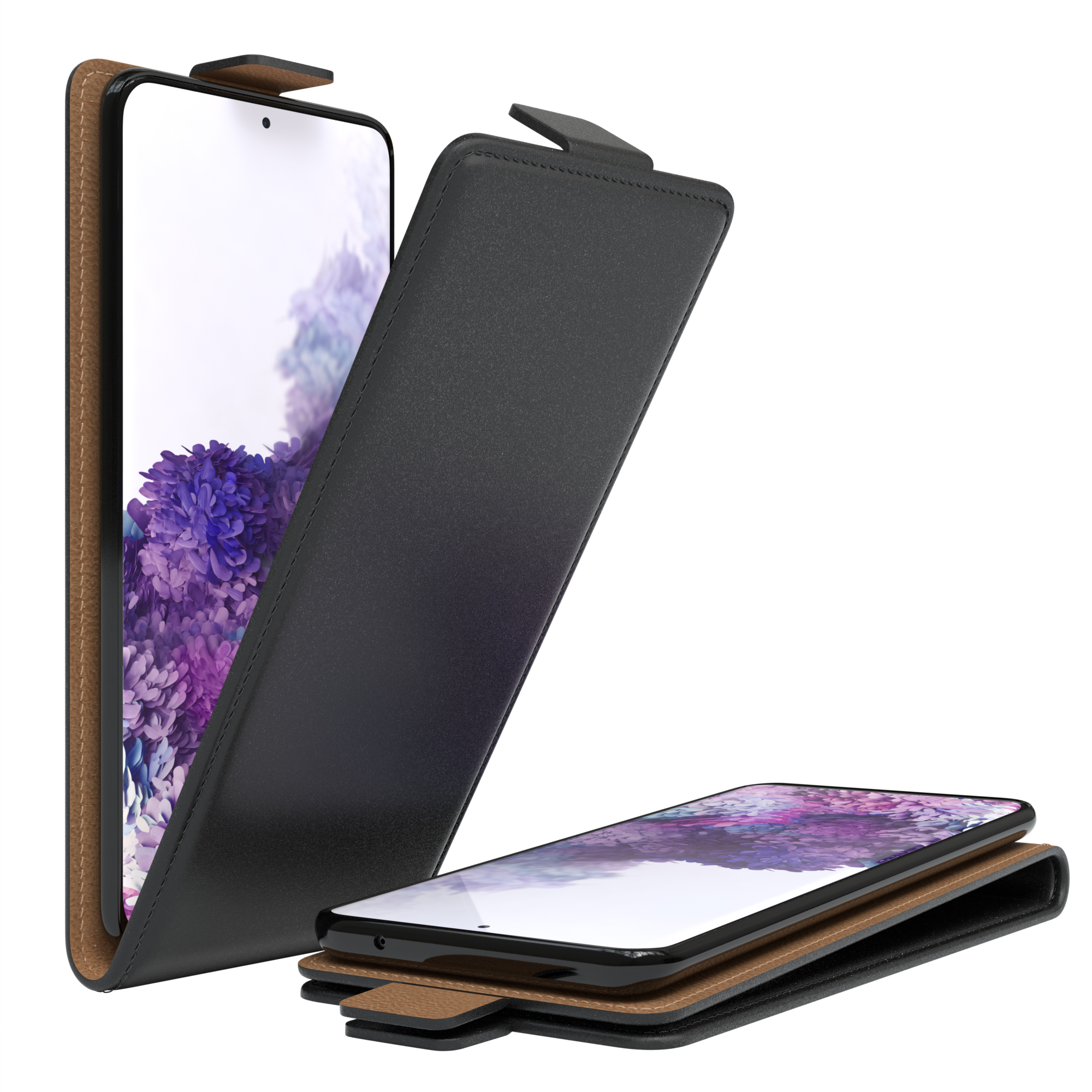 Schwarze Handyhülle mit offenem Bildschirm und einem Telefon am Boden. Braunes Leder.