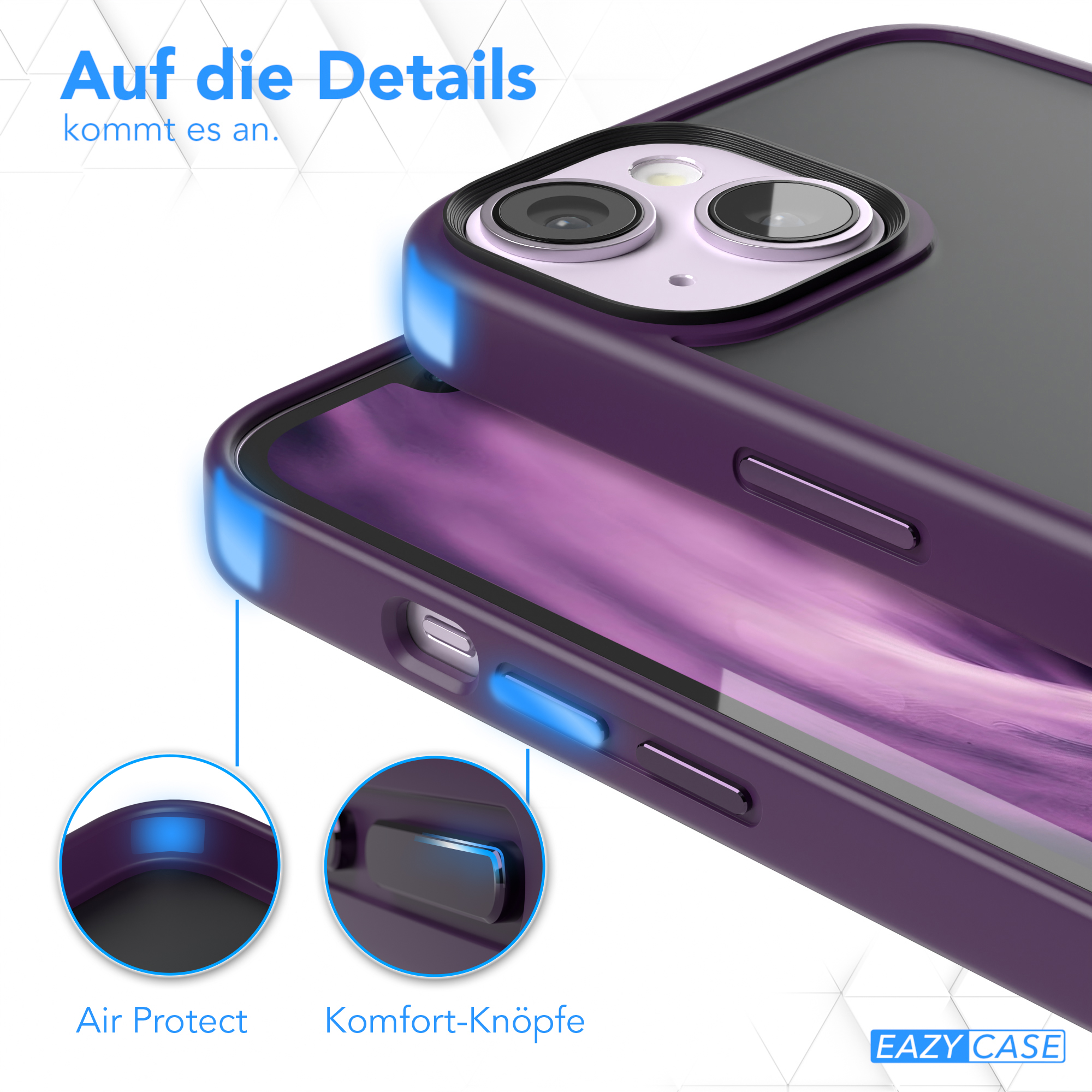 Nahaufnahme der Handyhülle. Lila Außen mit blauem Akzent und Knöpfen.