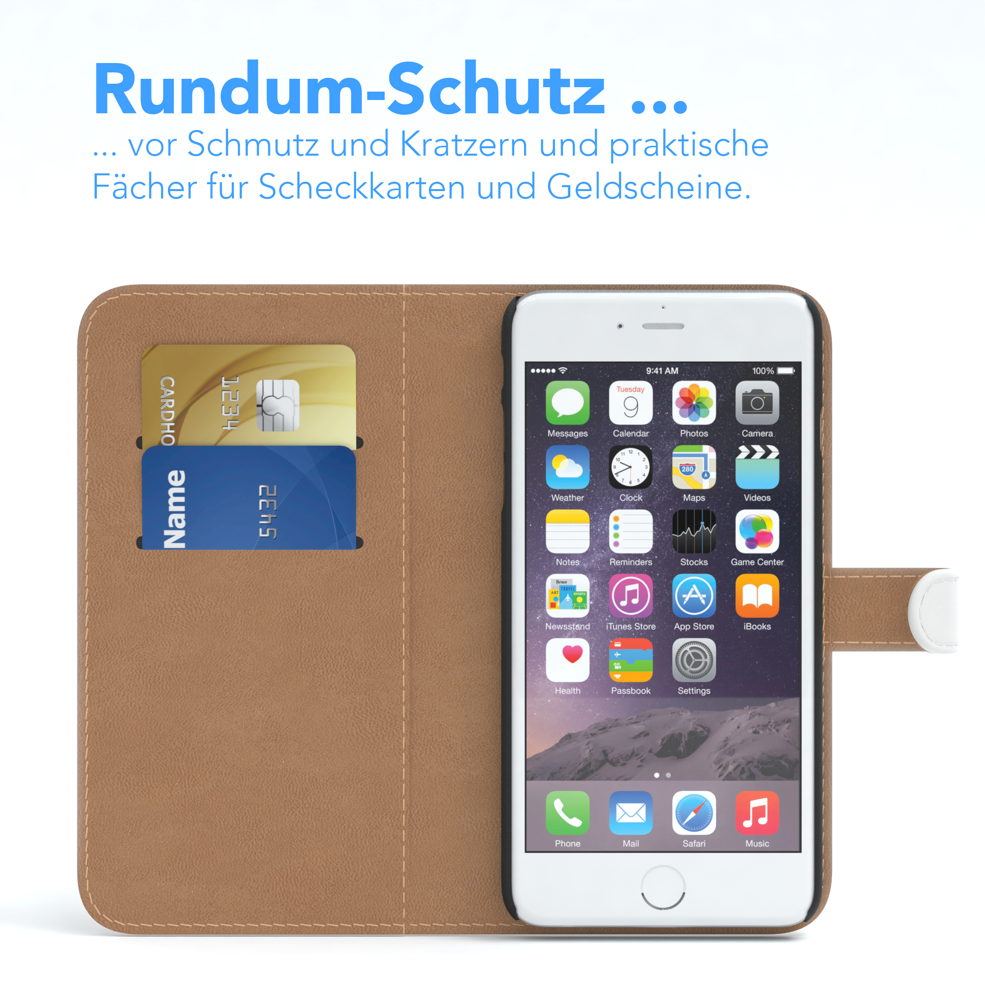Geöffnete Handyhülle mit zwei Karten und einem Telefon, das App-Symbole anzeigt. Hintergrund: braunes Leder.