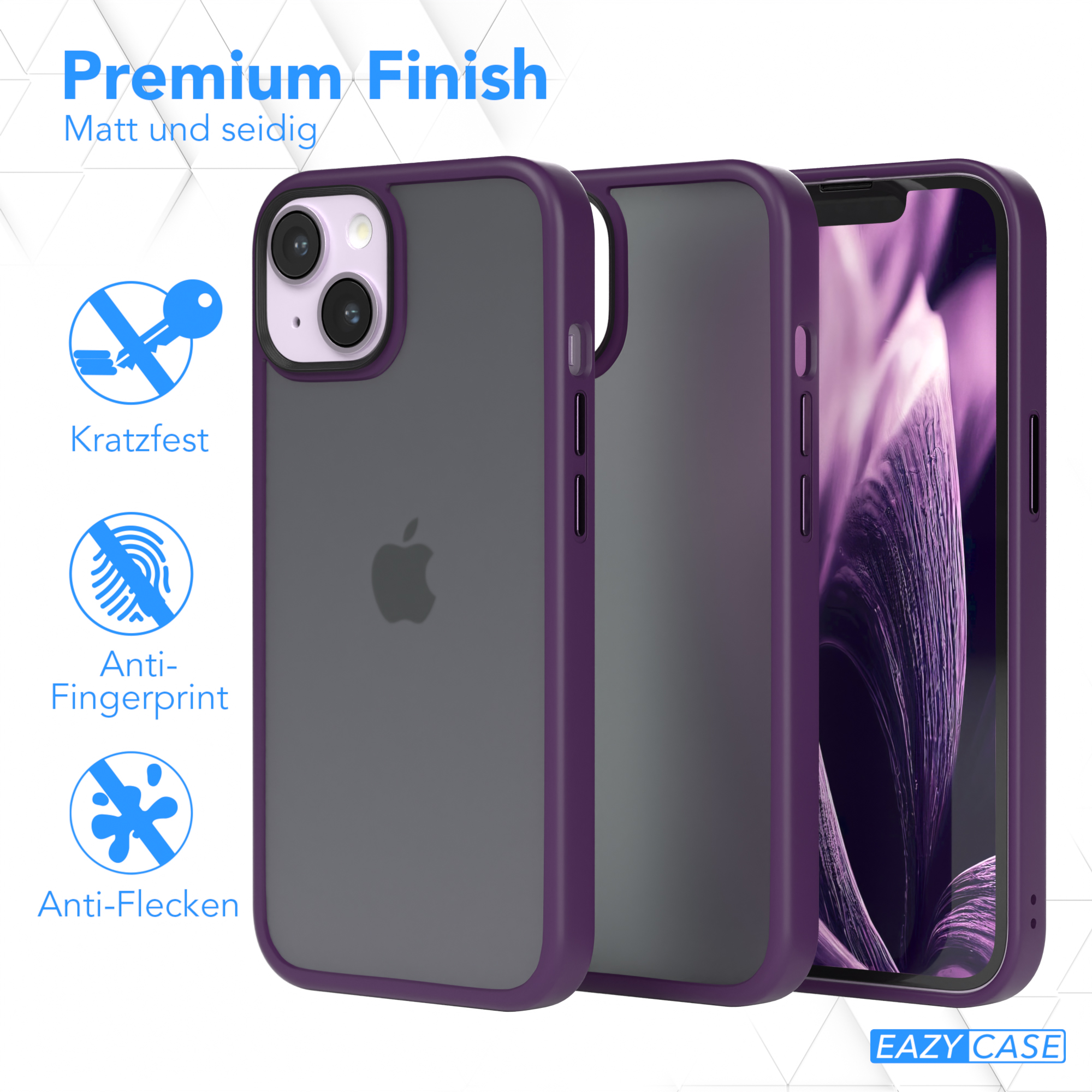 Lila-graue Handyhülle mit Funktionssymbolen. Apple-Logo sichtbar. Text: Premium-Finish, kratzfest, Anti-Fingerprint, Anti-Flecken.