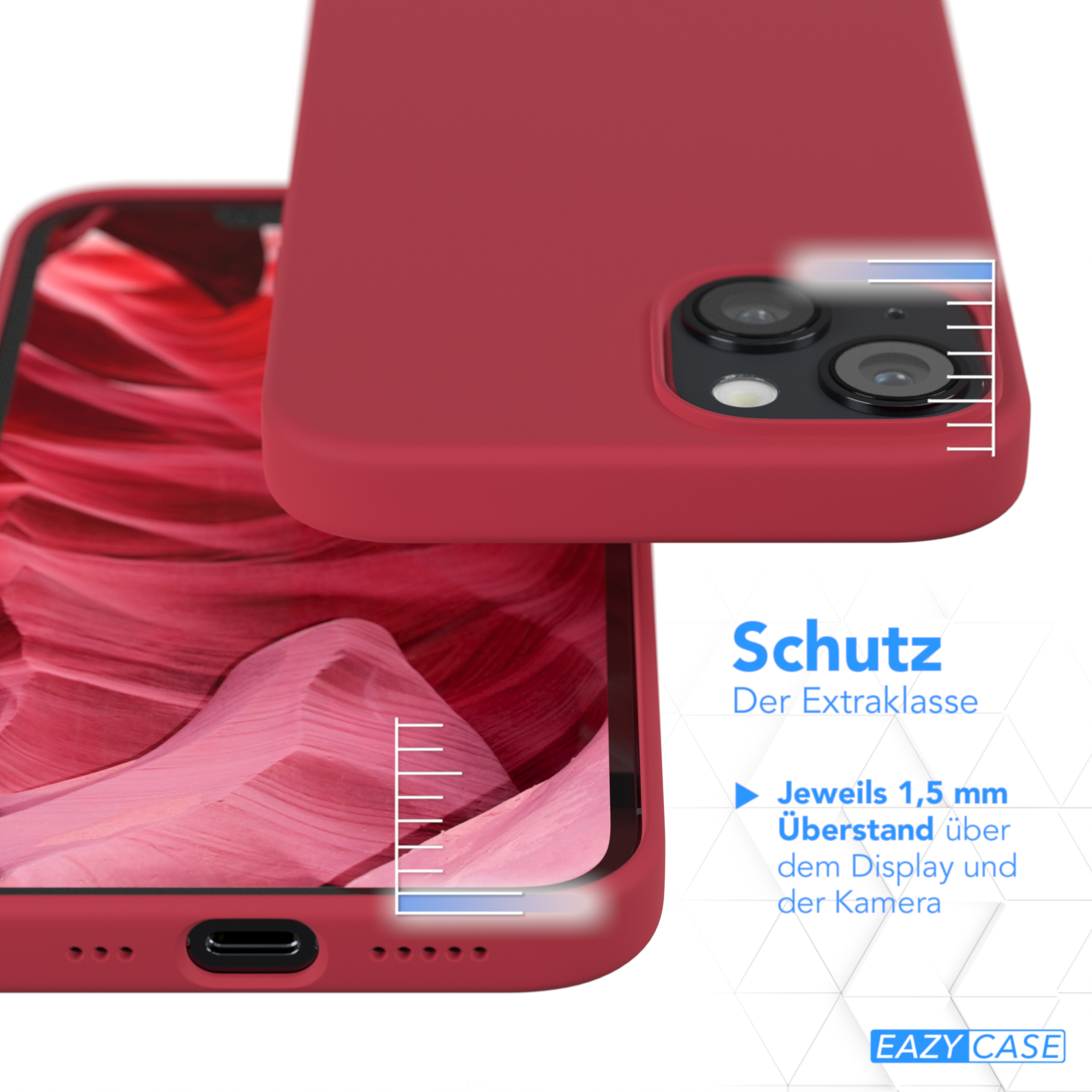Rote Handyhülle, mit Messungen. Text: Schutz.