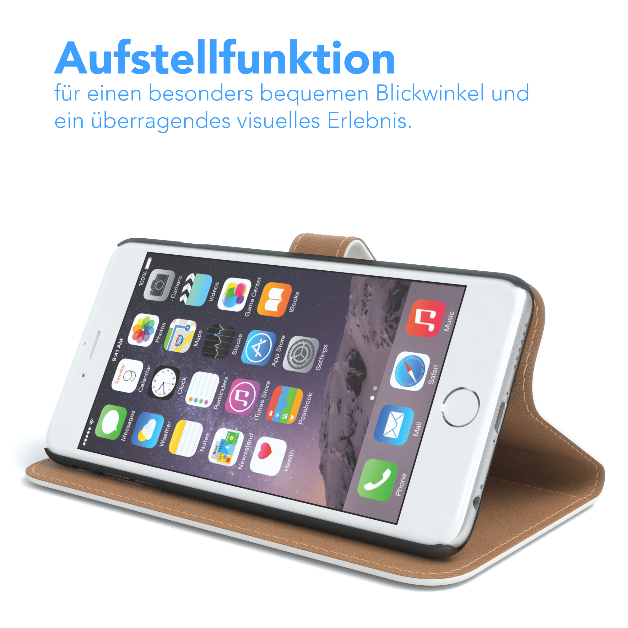 Telefon in braunem Case, geöffnet, zeigt App-Symbole auf einem Schreibtisch.