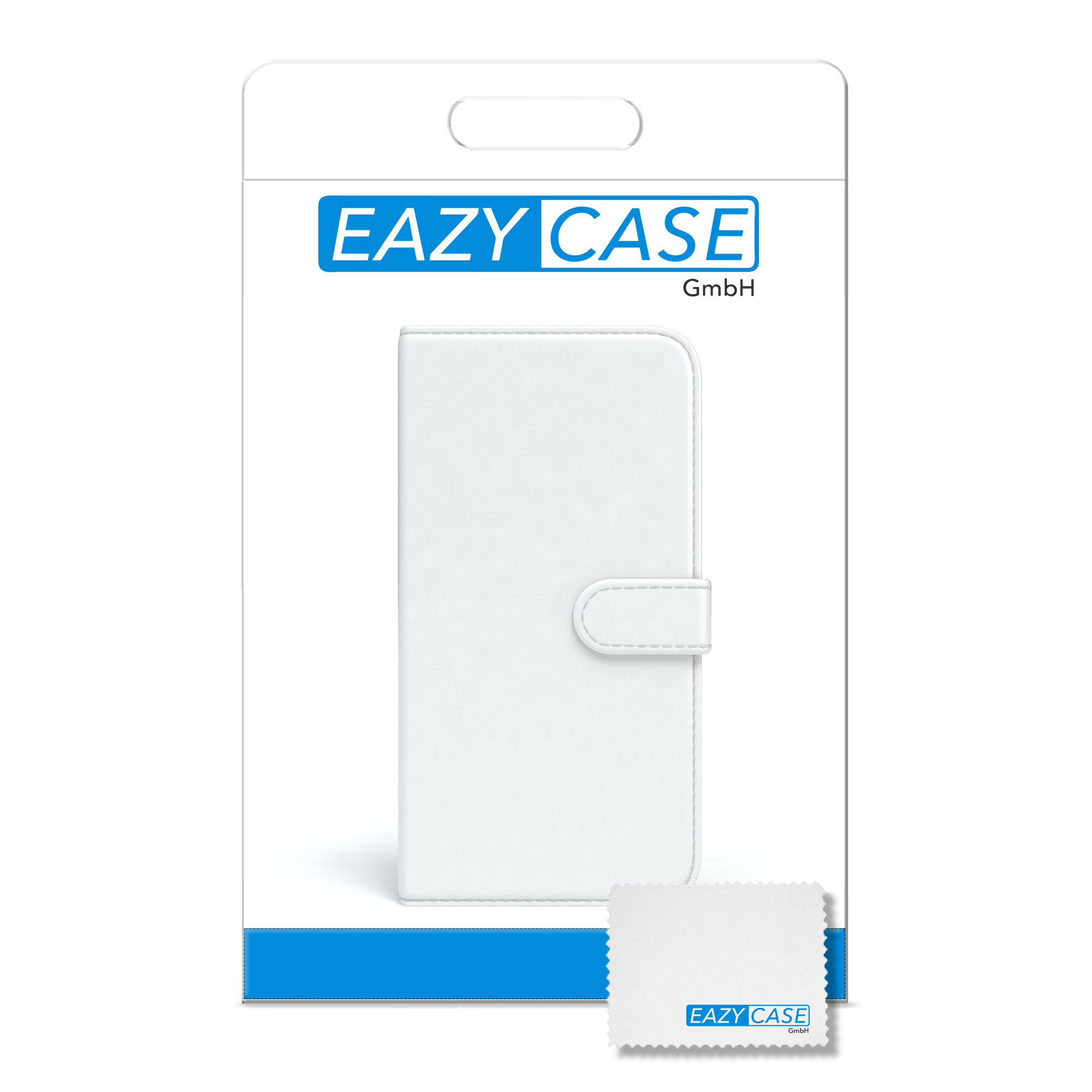 Weiße Handyhülle in Verpackung, mit Eazy Case Logo und einem Reinigungstuch.