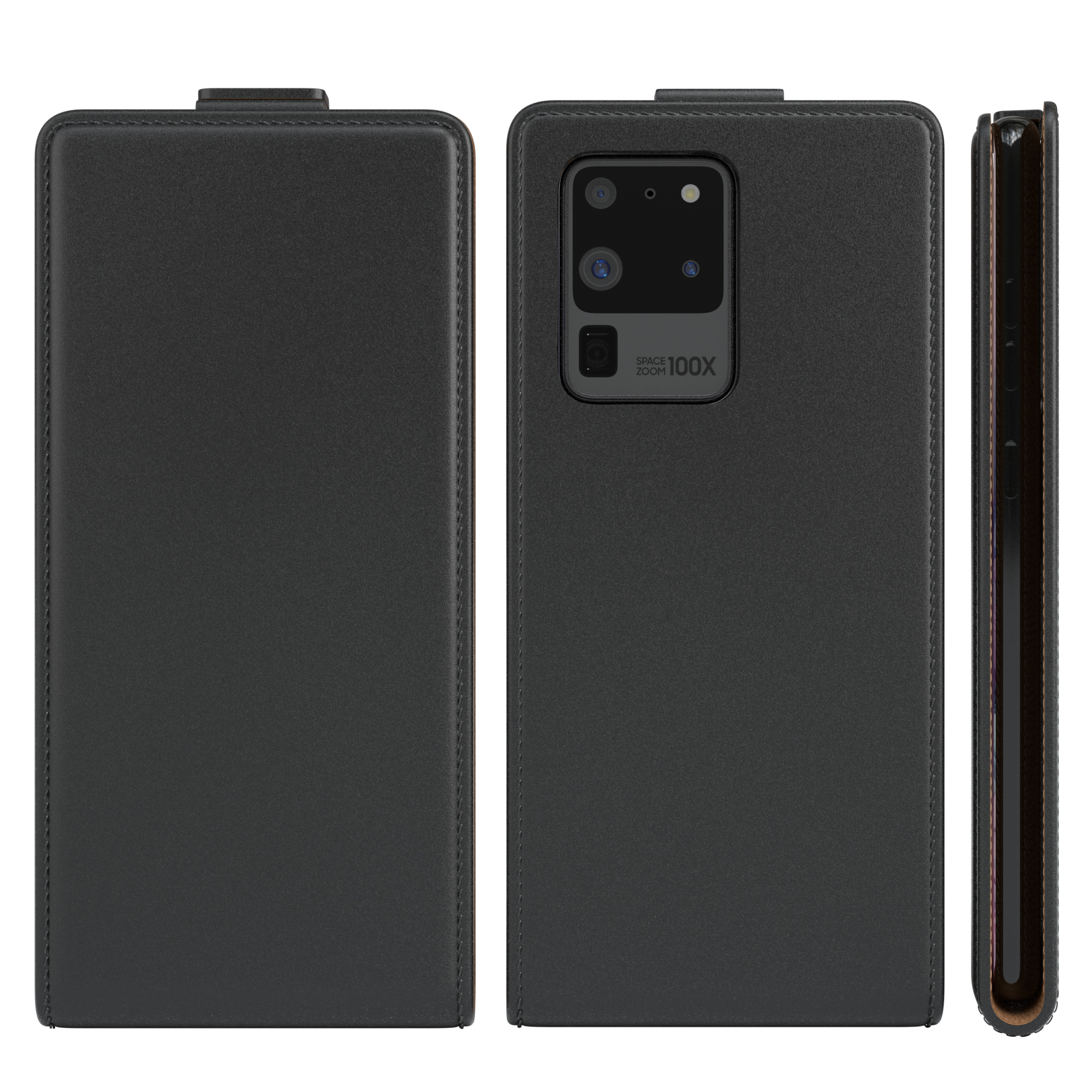 Schwarze Handyhülle, offen und geschlossen. Das Gehäuse zeigt ein Telefon mit Zoomkamera.