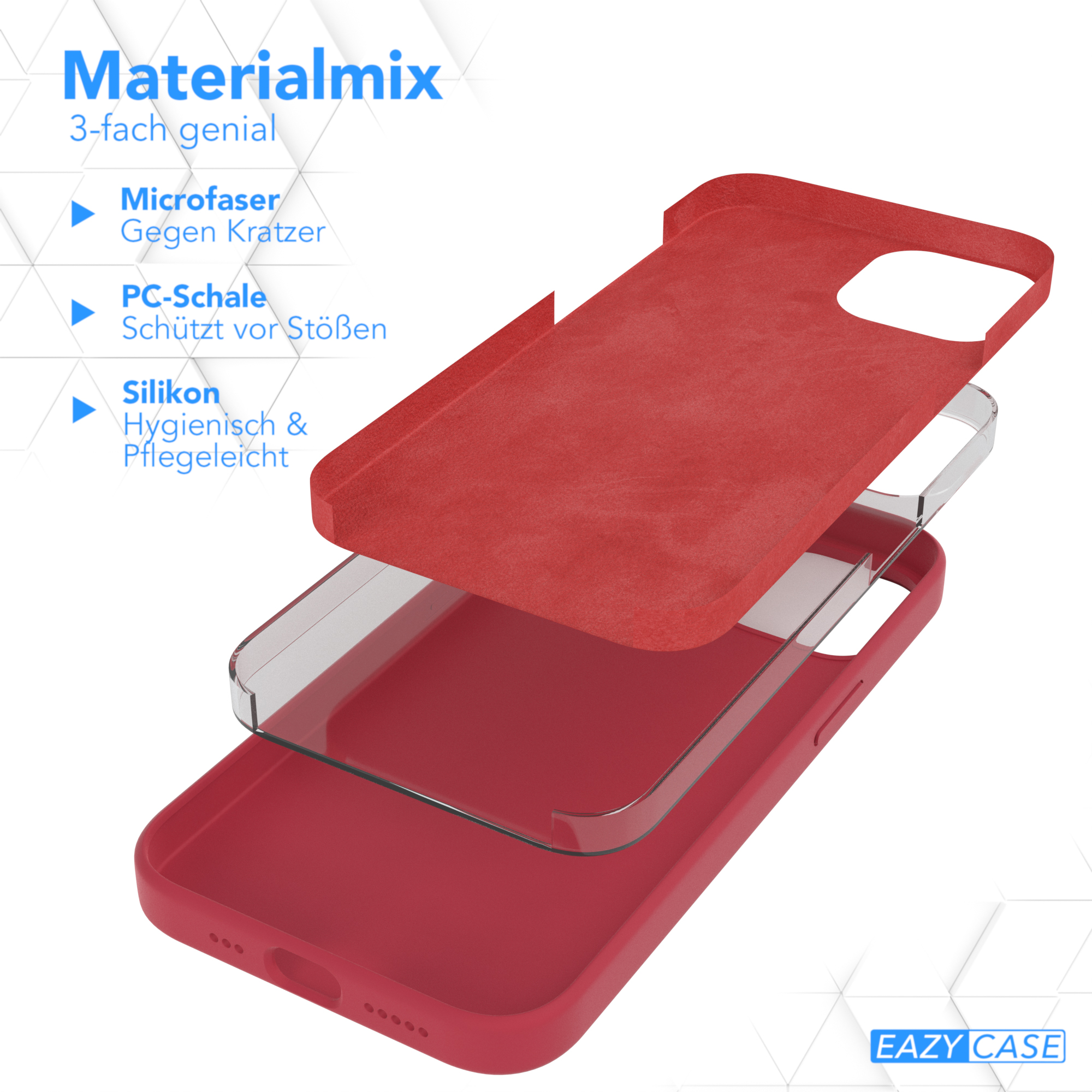 Rote Handyhüllen-Schichten: Mikrofaser, PC-Schale und Silikon. Text: Materialmix. Mikrofaser gegen Kratzer, etc.