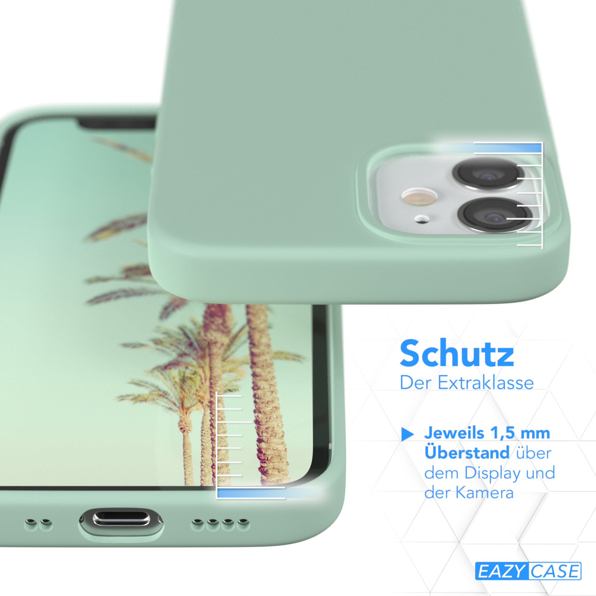 Grüne Handyhülle mit hervorgehobenen Schutzdetails. Eazy Case Logo.
