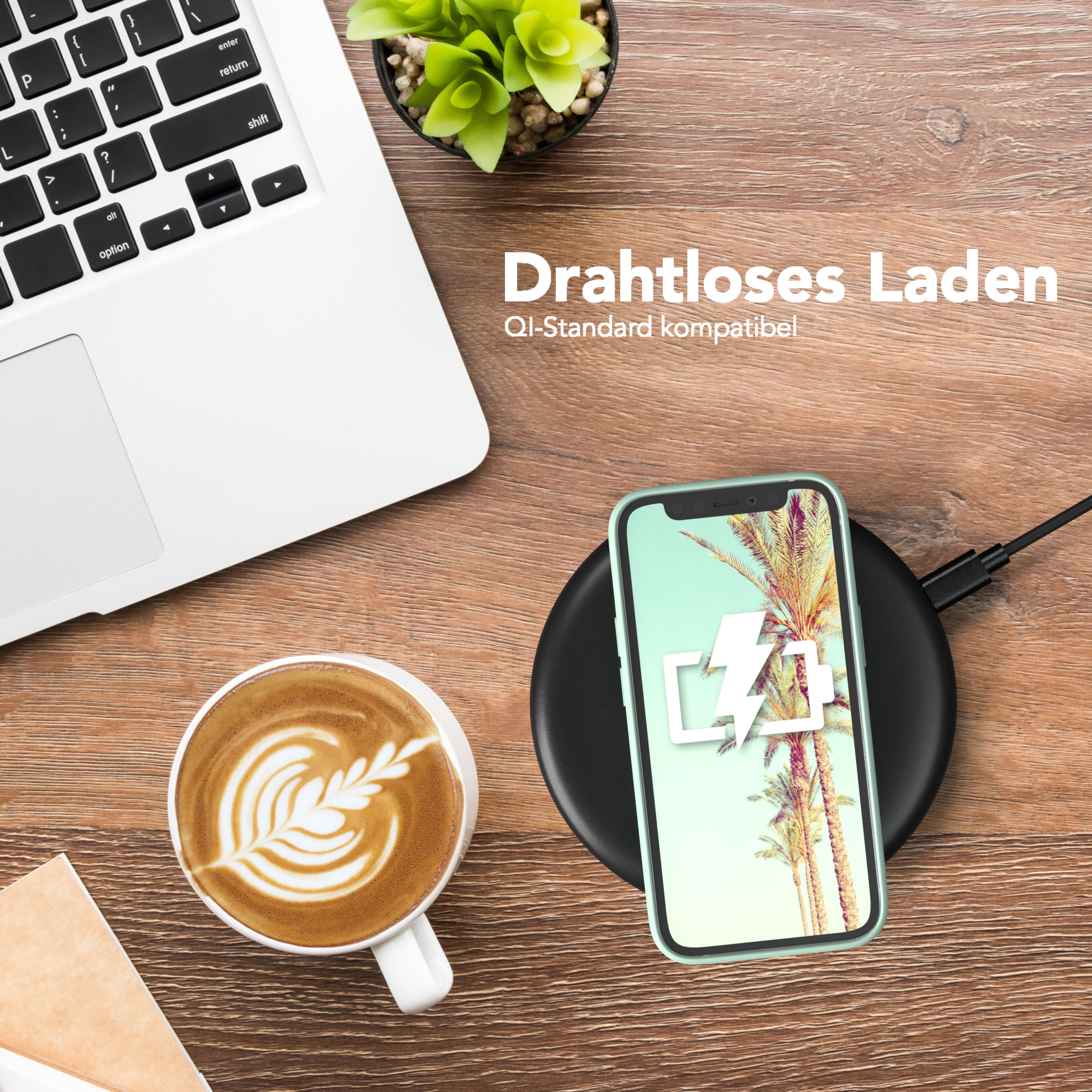 Telefon auf einem kabellosen Ladepad, neben einer Tasse Kaffee und einem Laptop, mit Text über kabelloses Laden.