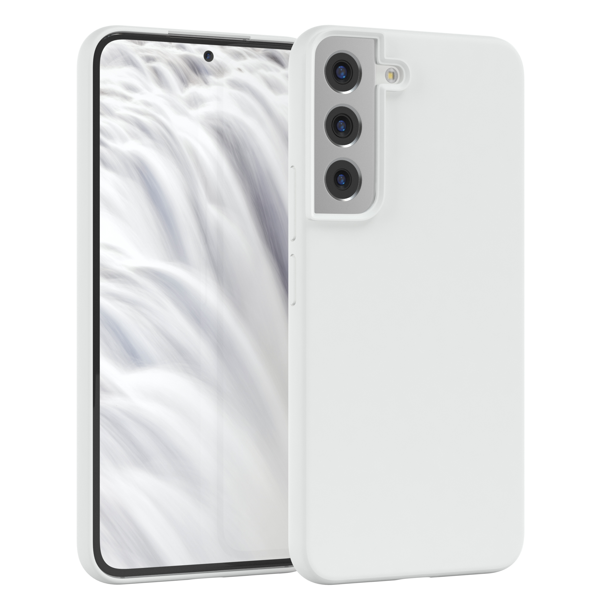 Weiße Handyhülle, offen, zeigt ein Telefon mit weißem Hintergrund auf dem Bildschirm.