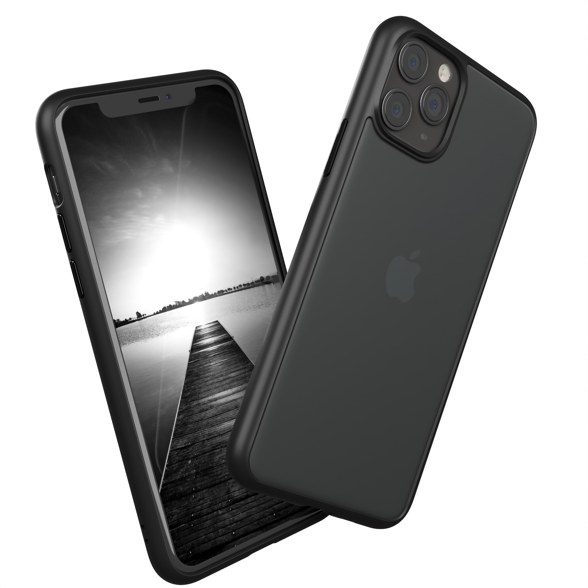 Schwarzes Telefon in schwarzem Gehäuse, mit Kameralinsen. Landschaftshintergrund, schwarzweiß.