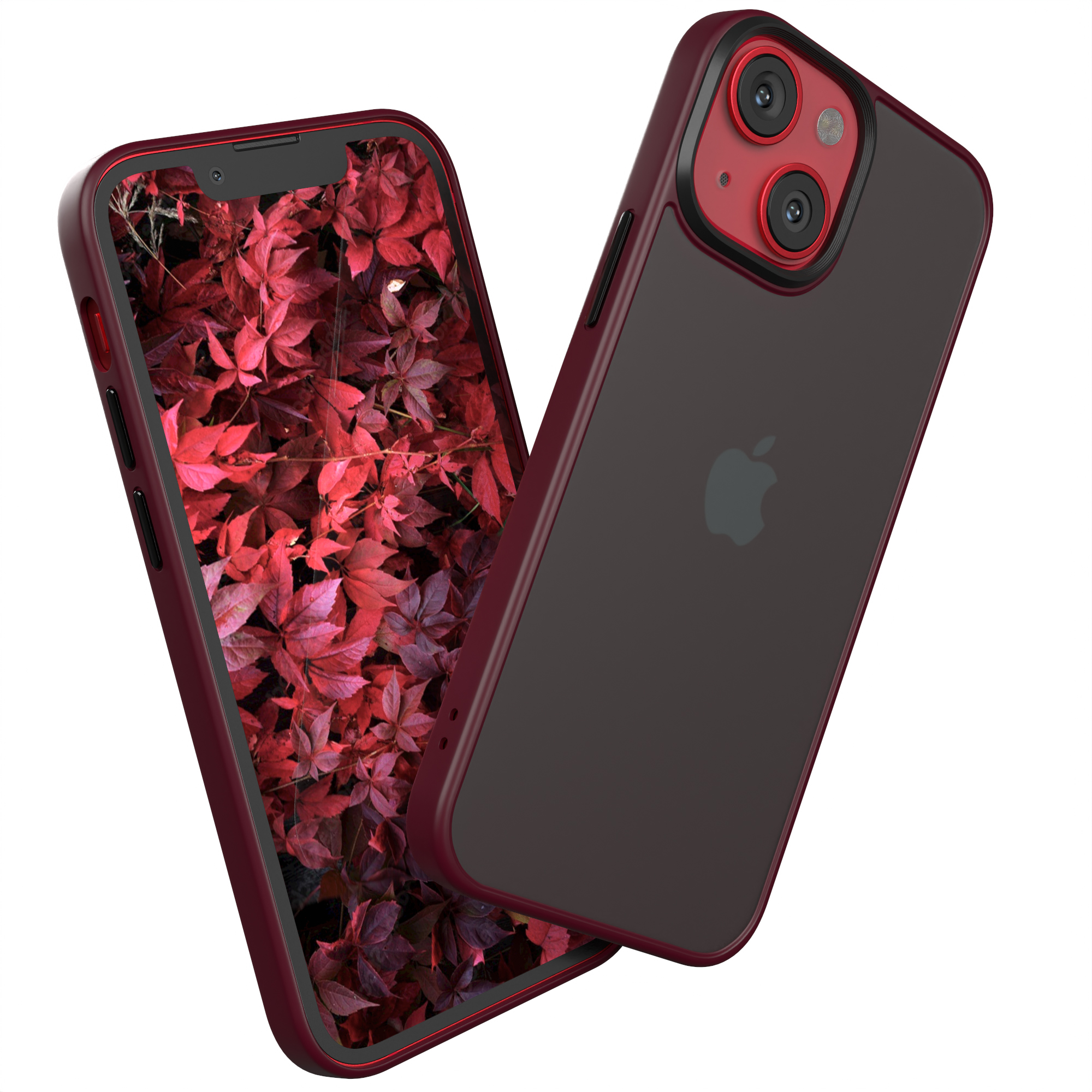 Burgunderfarbene Handyhülle mit rotem Kameraring. Telefon zeigt rote Blätter. Apple-Logo sichtbar.