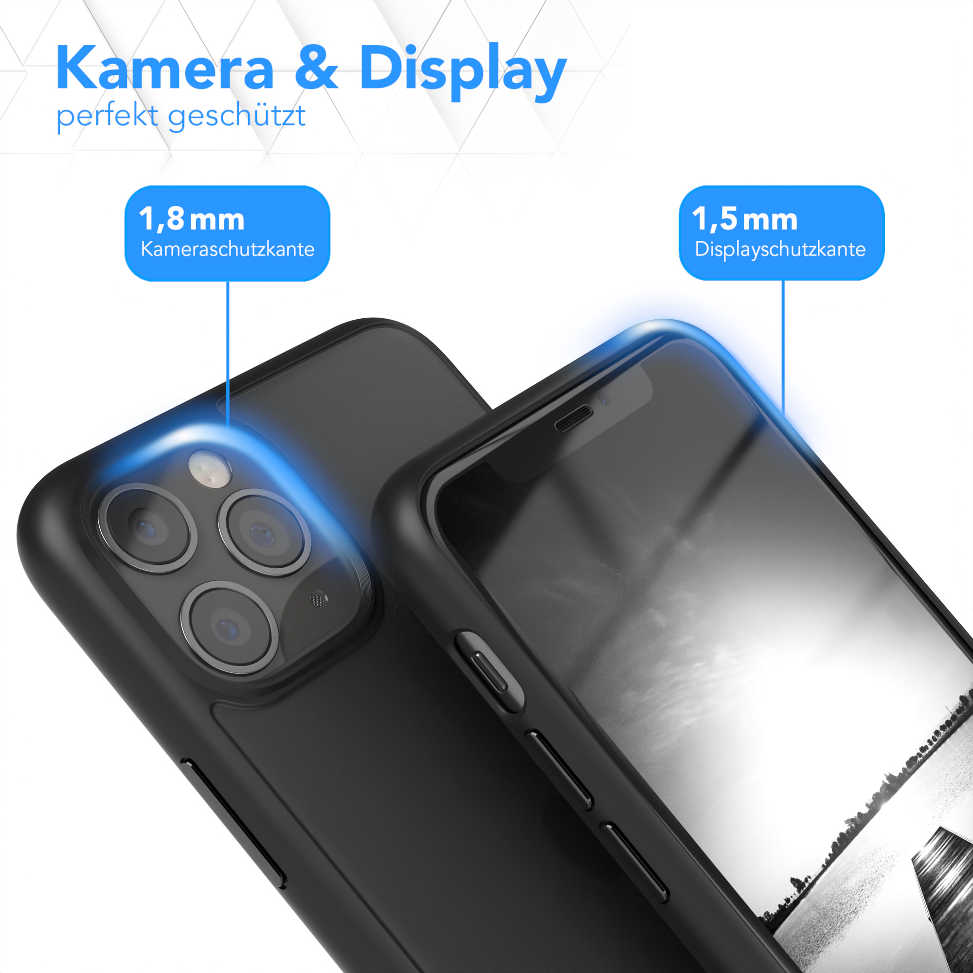 Zwei Handyhüllen, schwarz, eine mit Telefon. Nahaufnahme von Kamera- und Displayschutz.
