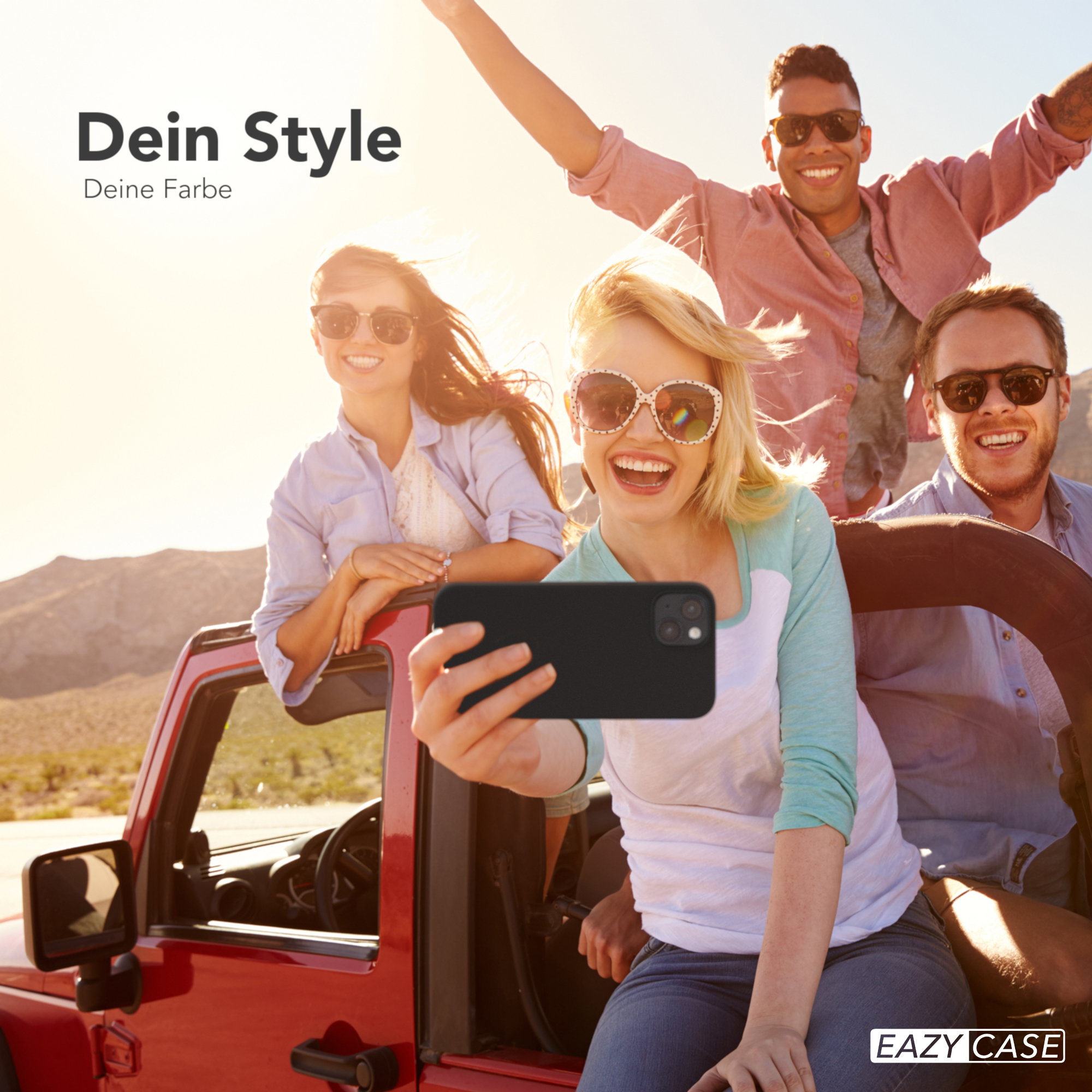 Freunde in einem roten Jeep machen Selfie. Schwarze Handyhülle.