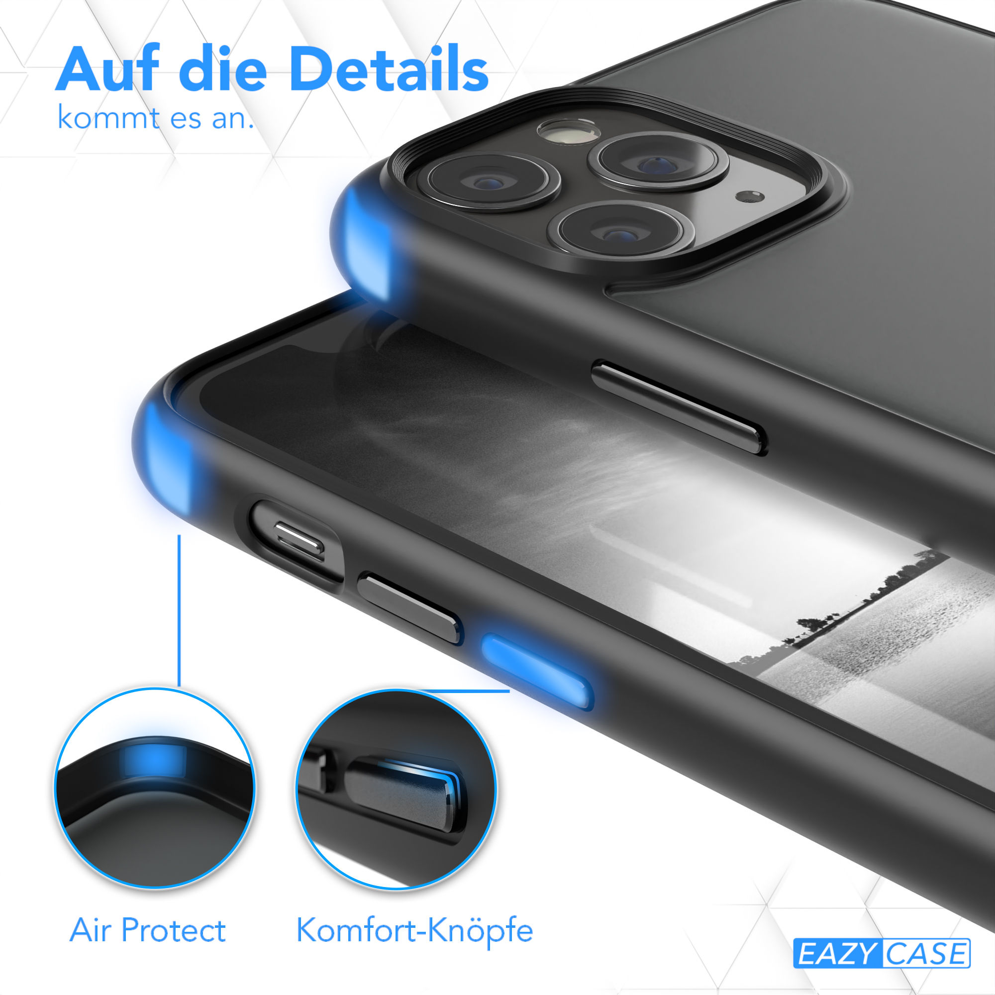 Nahaufnahme einer schwarzen Handyhülle mit blauen Lichtakzenten. Zeigt Air Protect- und Komforttasten.
